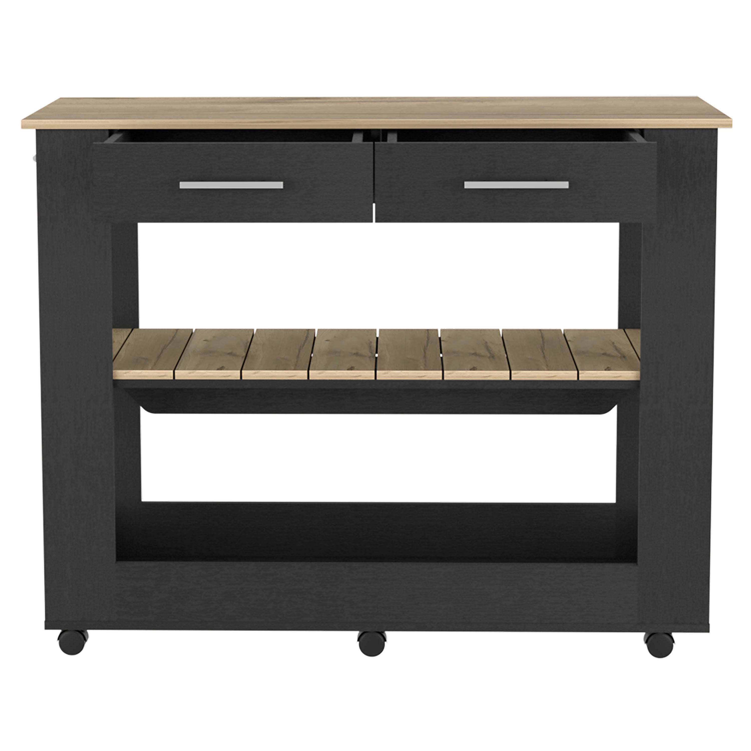 DEPOT E-SHOP Delos 46 Kitchen Island White, Six Casters, Two Drawers, Lower Open Shelf, Black / Light Oak