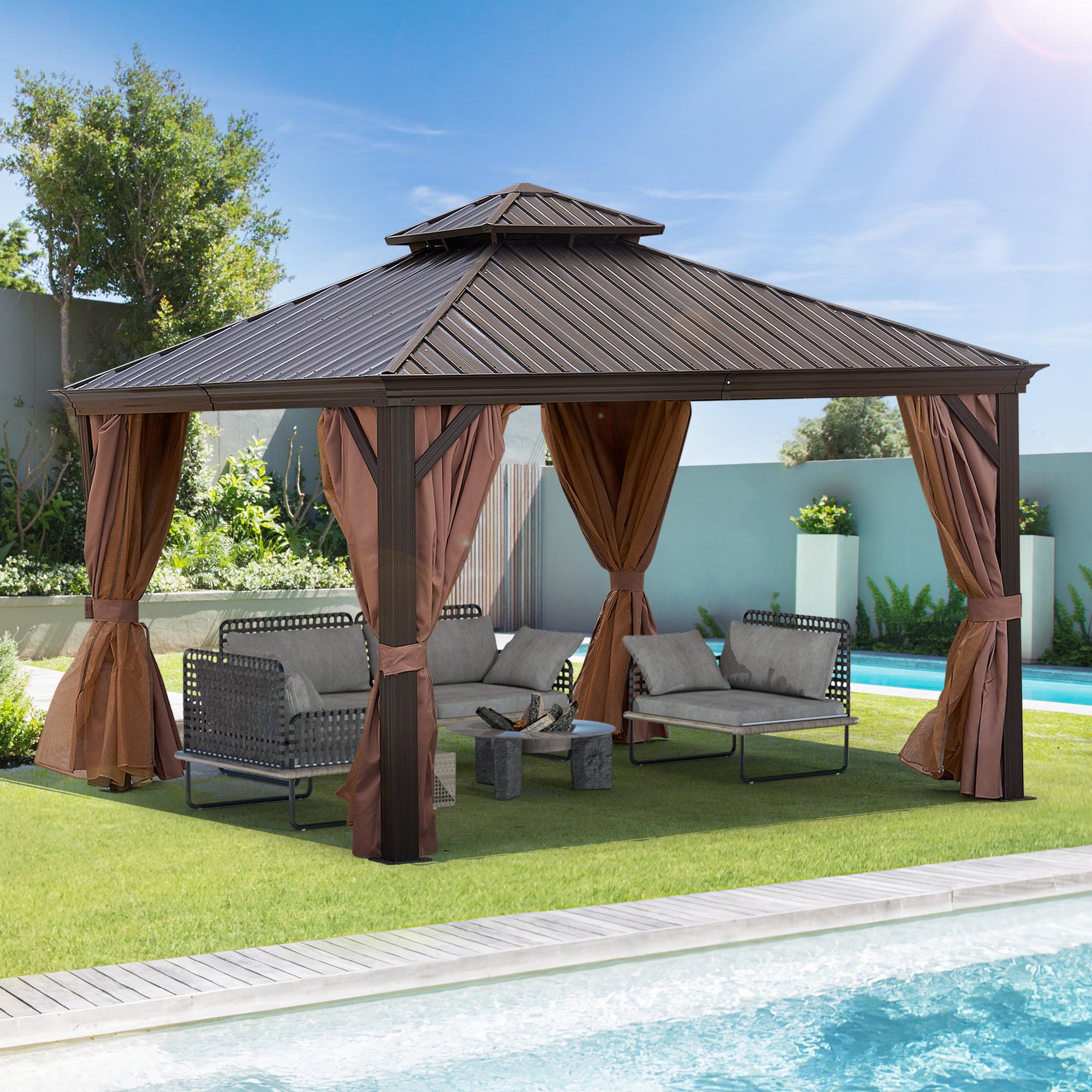 12*12FT patic gazebo,alu gazebo with steel canopy,Outdoor Permanent Hardtop Gazebo Canopy for Patio, Garden, Backyard