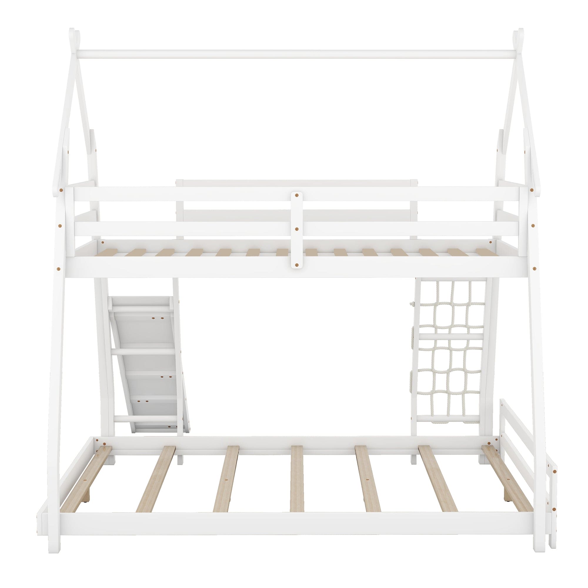 Twin over Queen House Bunk Bed with Climbing Nets and Climbing Ramp, White