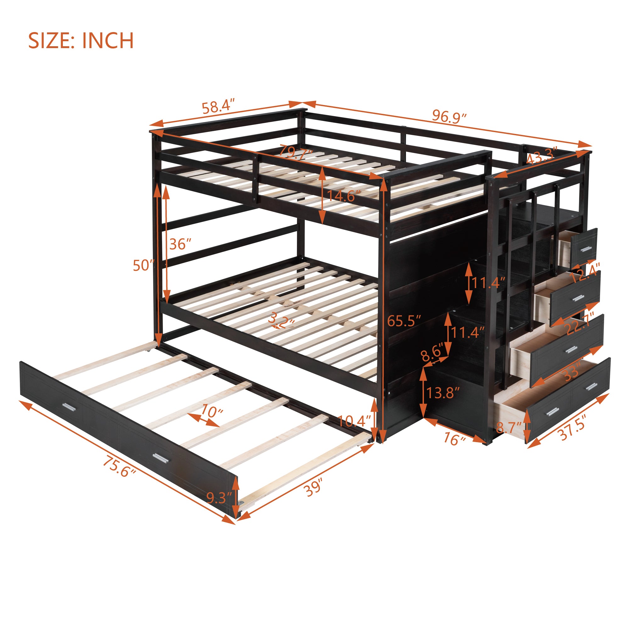 Full Over Full Bunk Bed with Twin Size Trundle and Staircase, Espresso