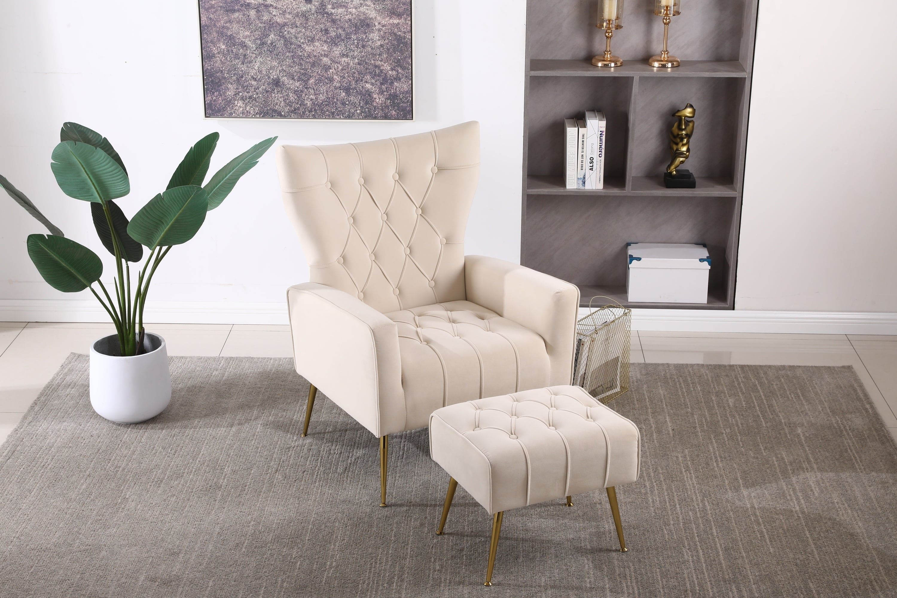 Modern Accent Chair with Ottoman,  Comfy  Armchair for Living Room, Bedroom, Apartment, Office (Beige)