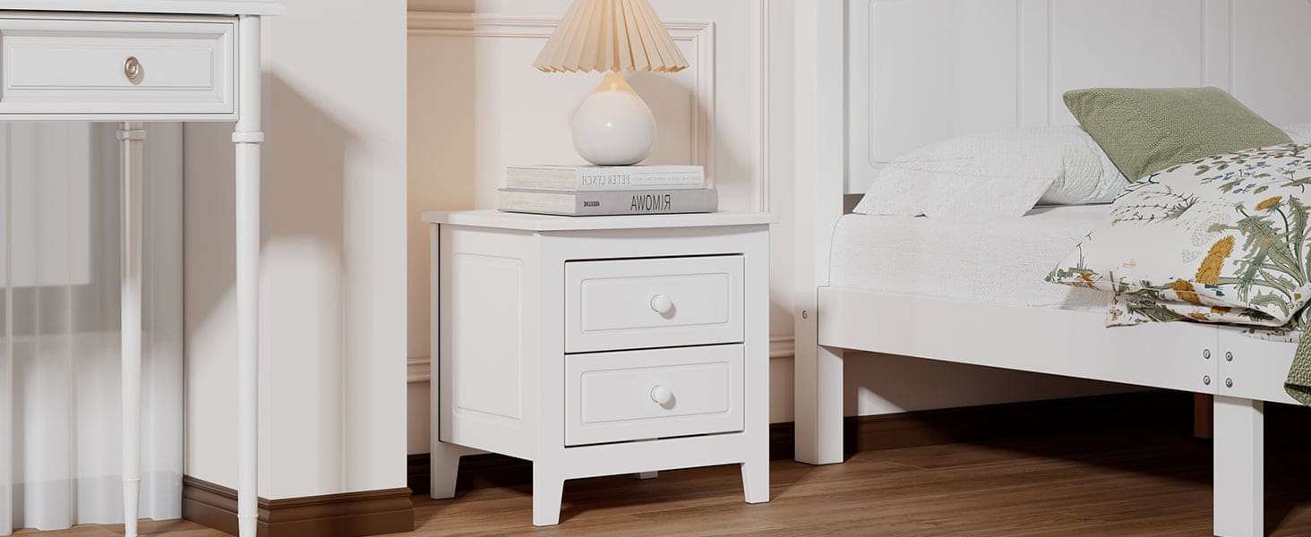 2-Drawer Nightstand for Bedroom, Mid Century Retro Bedside Table with Classic Design,White