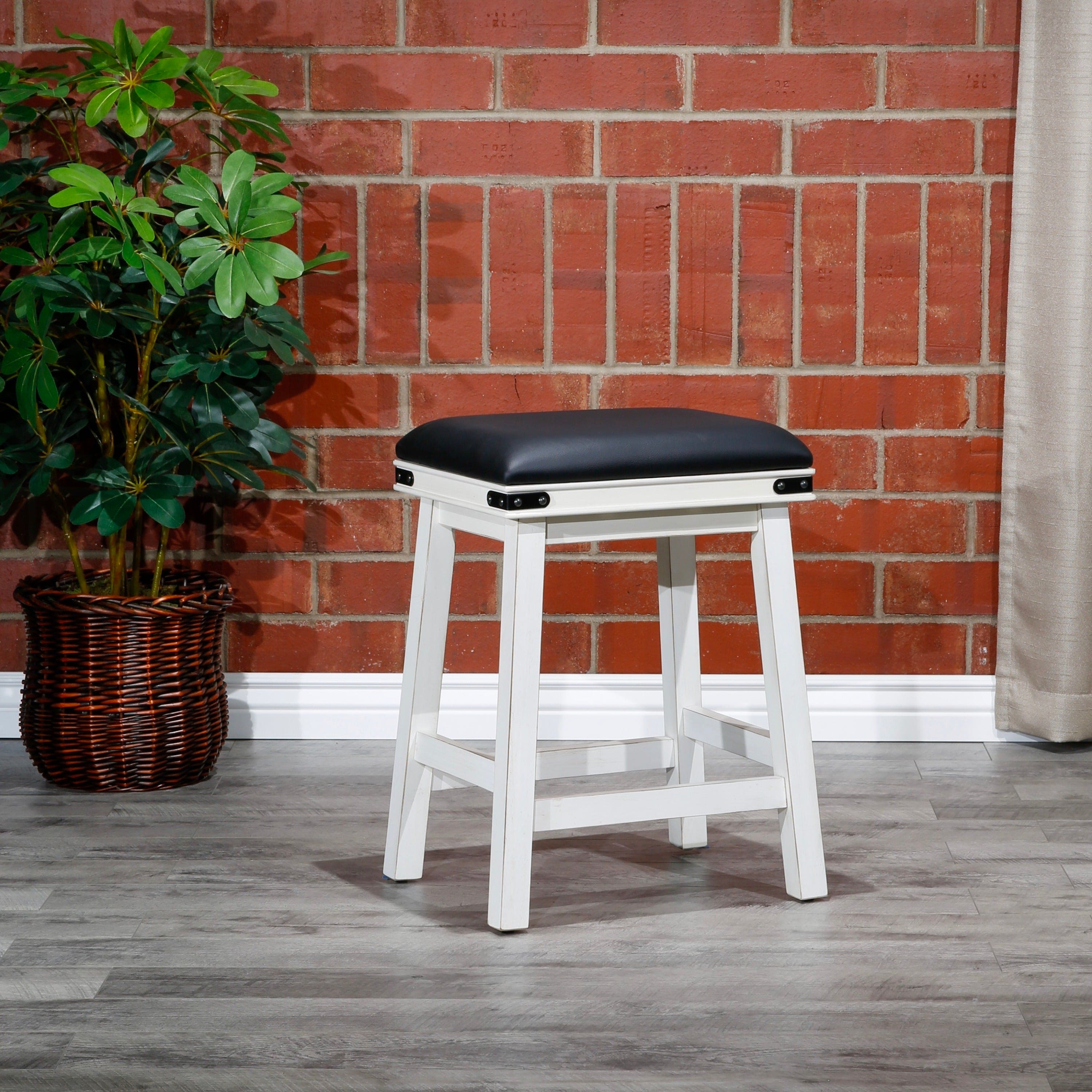 24" Counter Stool, Antique White Finish, Black Leather Seat