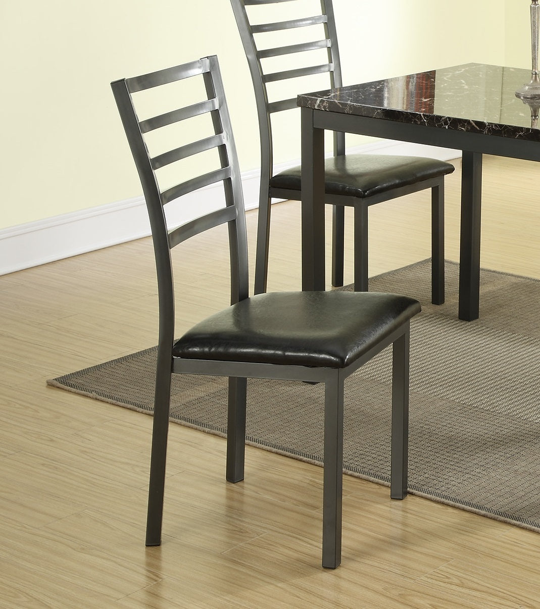 Modern Simple Dining Room Furniture 5pc Dining Set Table And 4x Chairs Faux Marble Top table Black Faux Leather Chairs