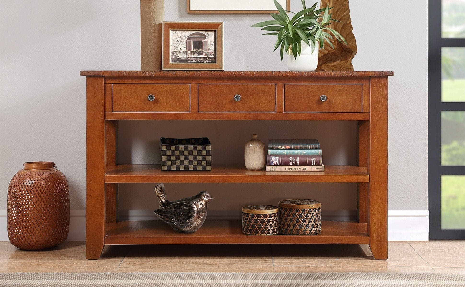 48'' Solid Pine Wood Top Console Table, Modern Entryway Sofa Side Table with 3 Storage Drawers and 2 Shelves. Easy to Assemble (Brown)