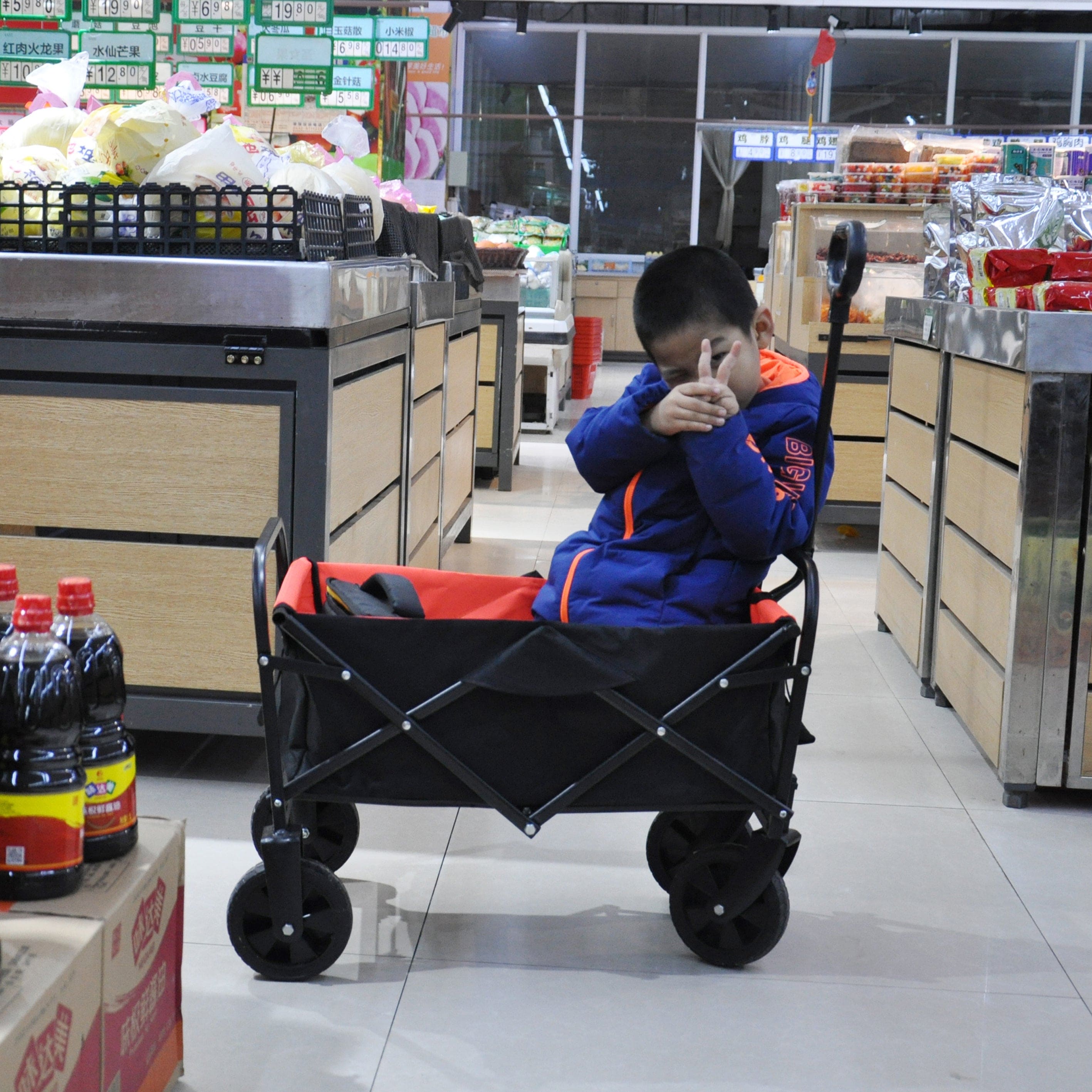 Folding Wagon Garden Shopping Beach Cart （black+yellow）