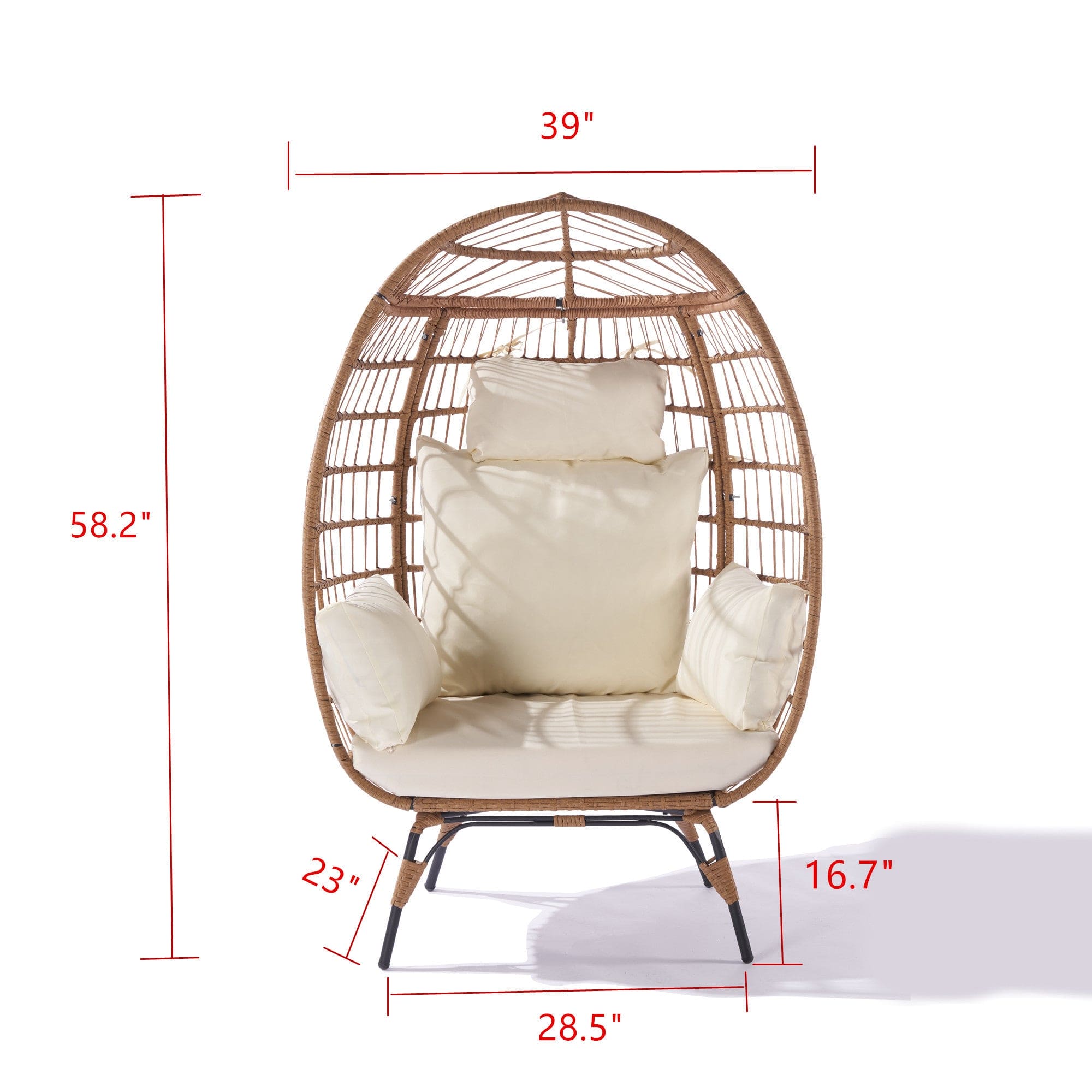 Wicker Egg Chair, Oversized Indoor Outdoor Lounger for Patio, Backyard, Living Room w/ 5 Cushions, Steel Frame, 440lb Capacity - Beige