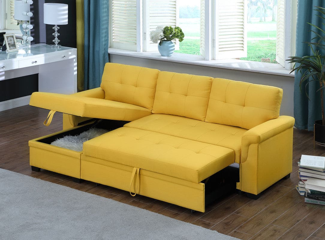 Lucca Yellow Linen Reversible Sleeper Sectional Sofa with Storage Chaise