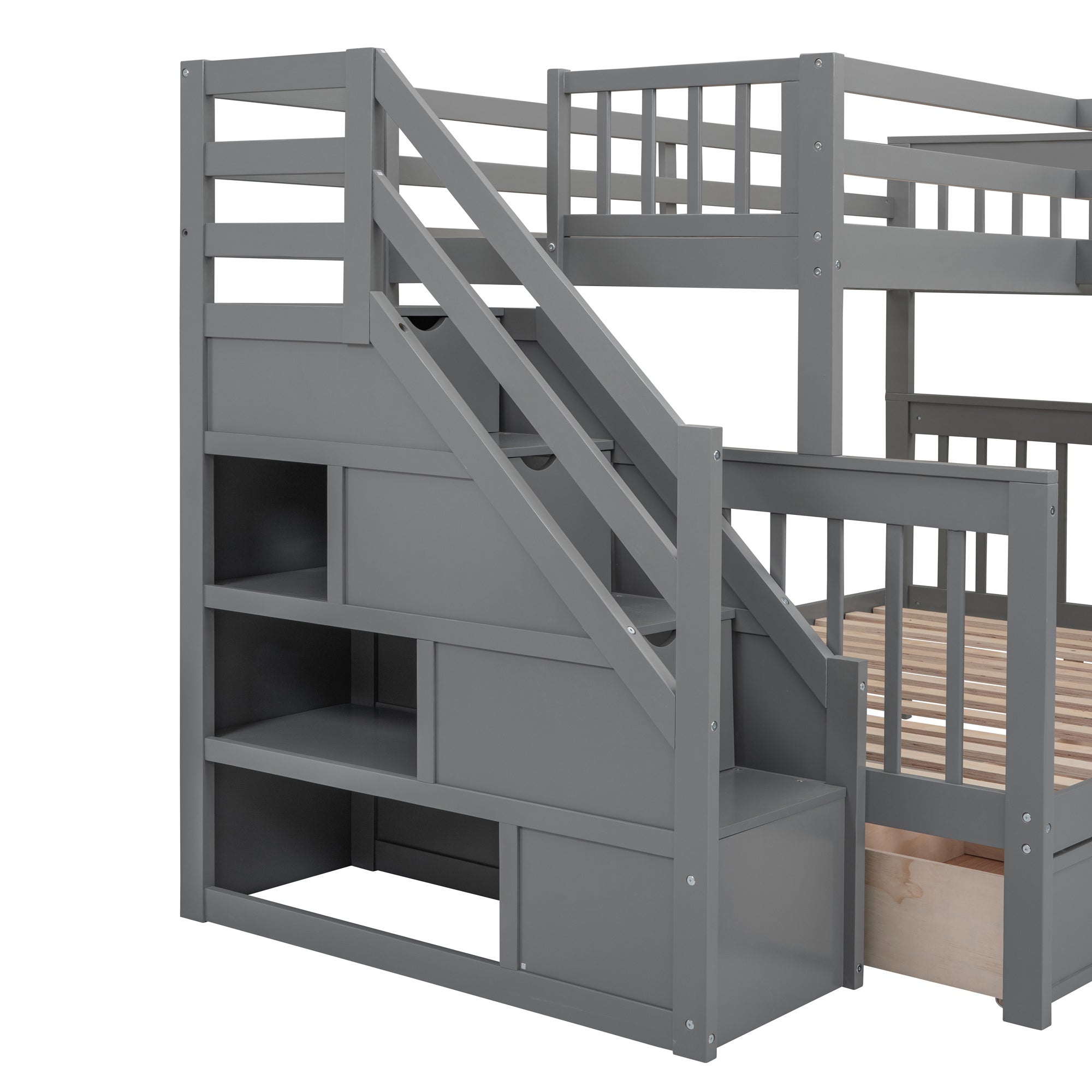 Twin-Twin over Full L-Shaped Bunk Bed With 3 Drawers, Portable Desk and Wardrobe, Gray