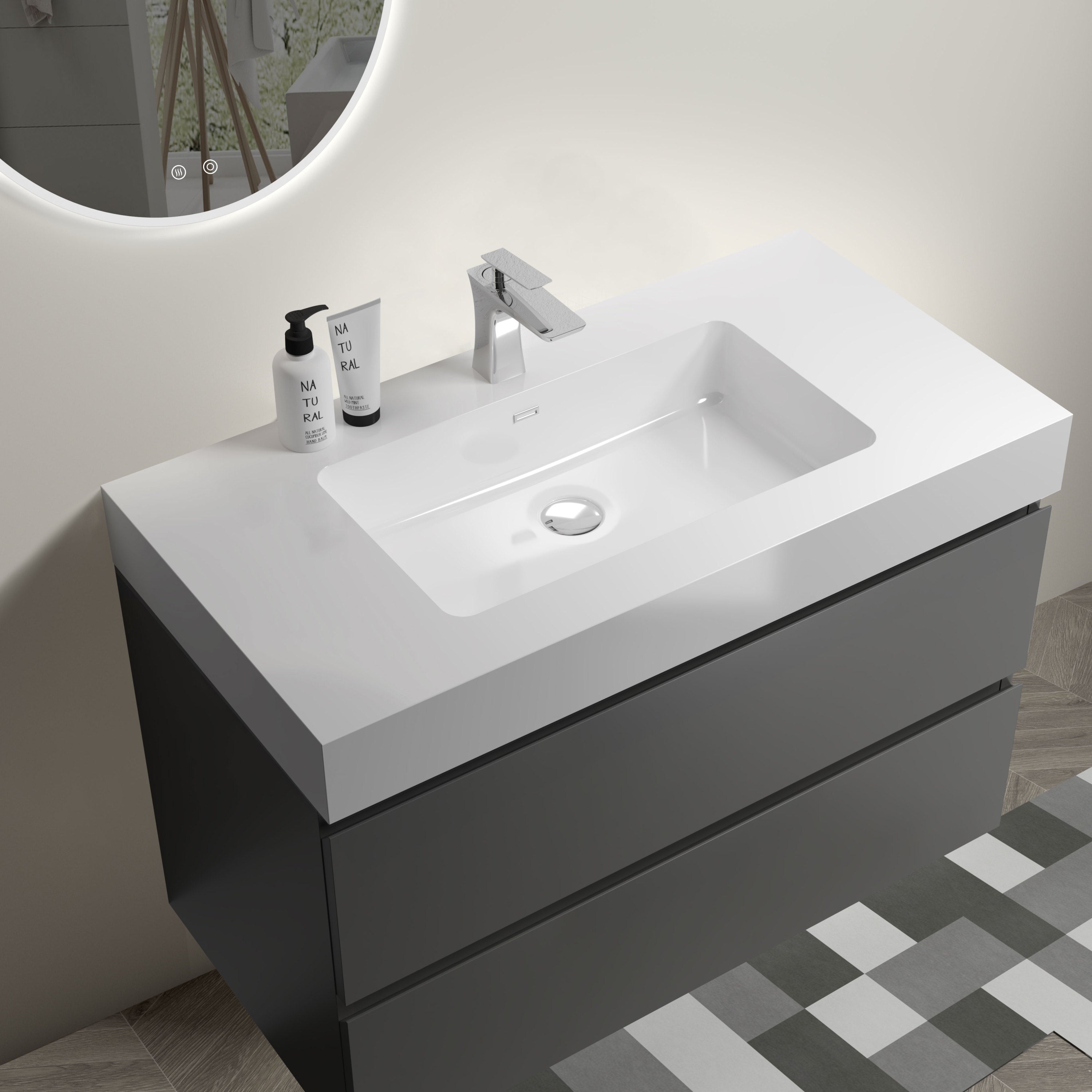 Alice 36" Gray Bathroom Vanity with Sink, Large Storage Wall Mounted Floating Bathroom Vanity for Modern Bathroom, One-Piece White Sink Basin without Drain and Faucet