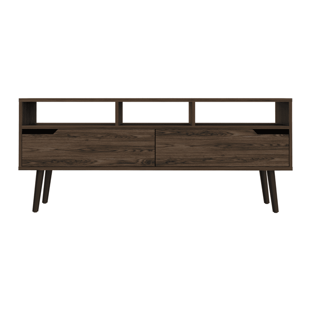 DEPOT E-SHOP Kobe Tv Stand for TV´s up 52", Three Open Shelves, Two Flexible Drawers, Dark Walnut