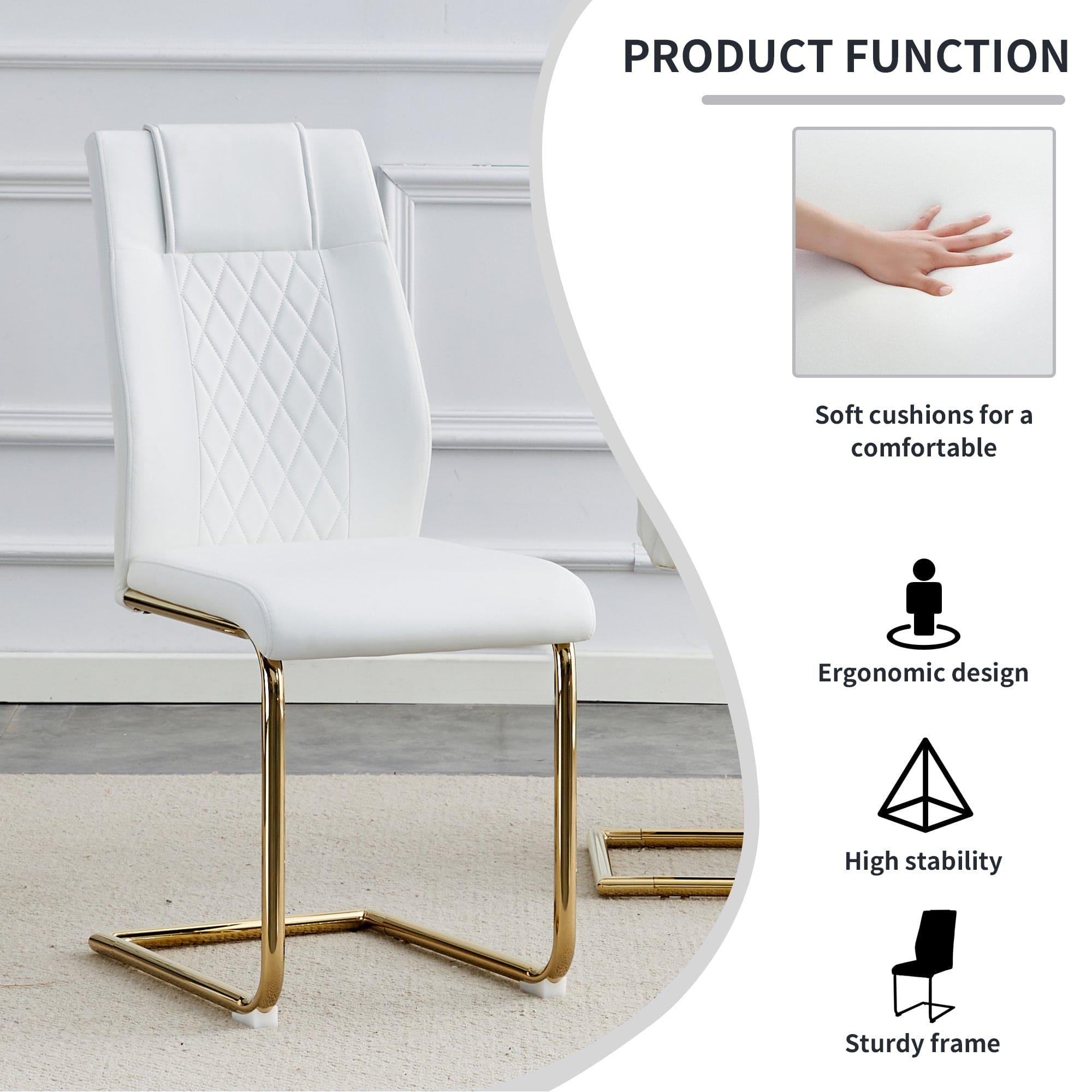 Modern dining chairs, dining room chairs, and golden leg cushioned chairs made of artificial leather, suitable for kitchens, living rooms, bedrooms, and offices. Set of 4 pieces (white+PU)C-001