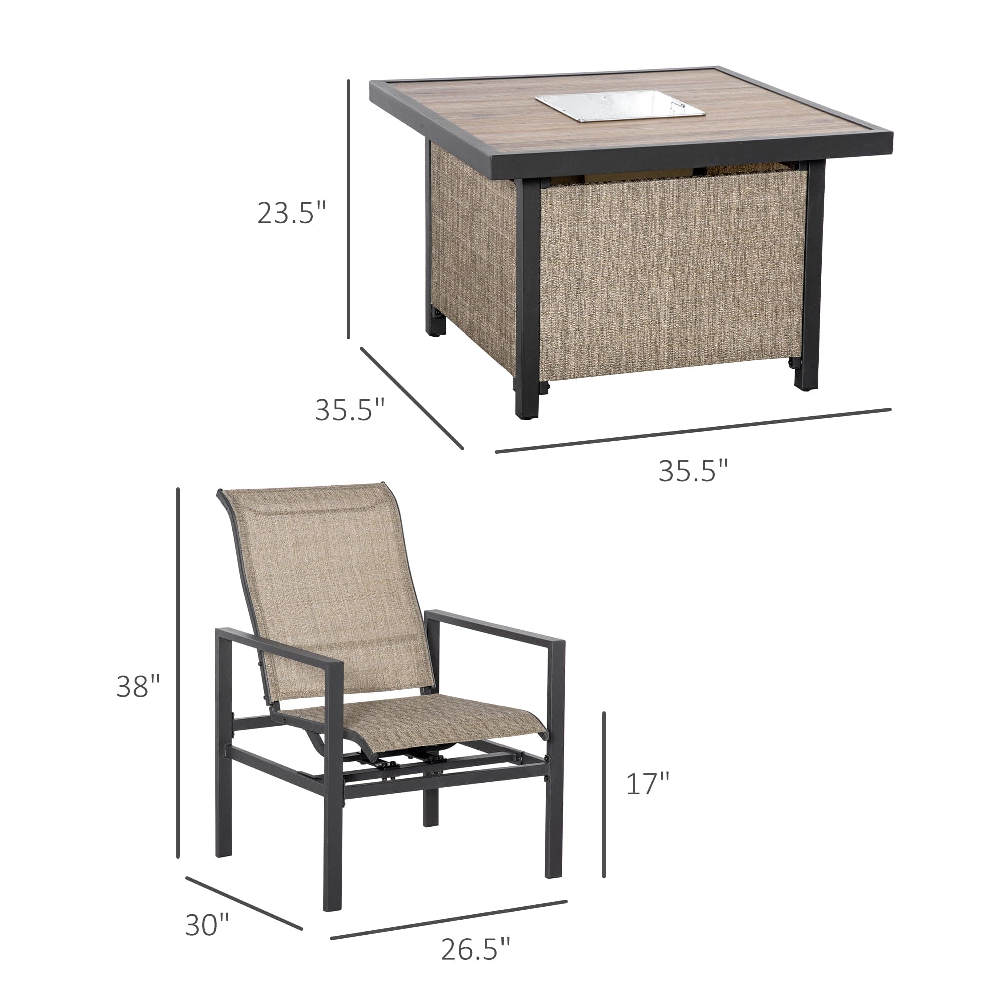 Outsunny 5 Piece Garden Patio Dining Set, Steel, Outdoor Conversation Set, Square Dinner Table with Built-in Ice Bucket Insert, 4 Rocking Chairs for Garden, Lawn, Backyard, Beige