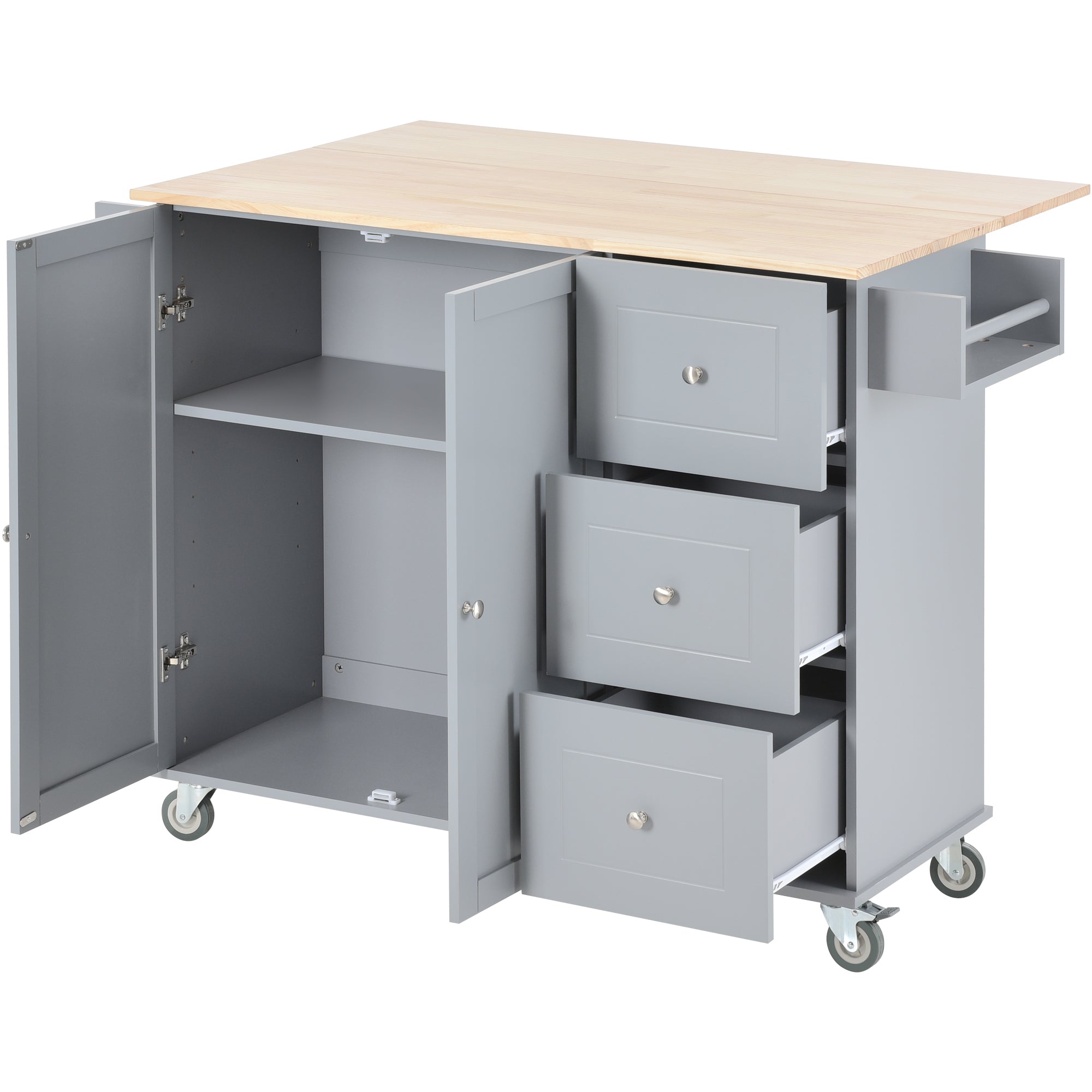 Rolling Mobile Kitchen Island with Solid Wood Top and Locking Wheels,52.7 Inch Width,Storage Cabinet and Drop Leaf Breakfast Bar,Spice Rack, Towel Rack & Drawer (Grey Blue)