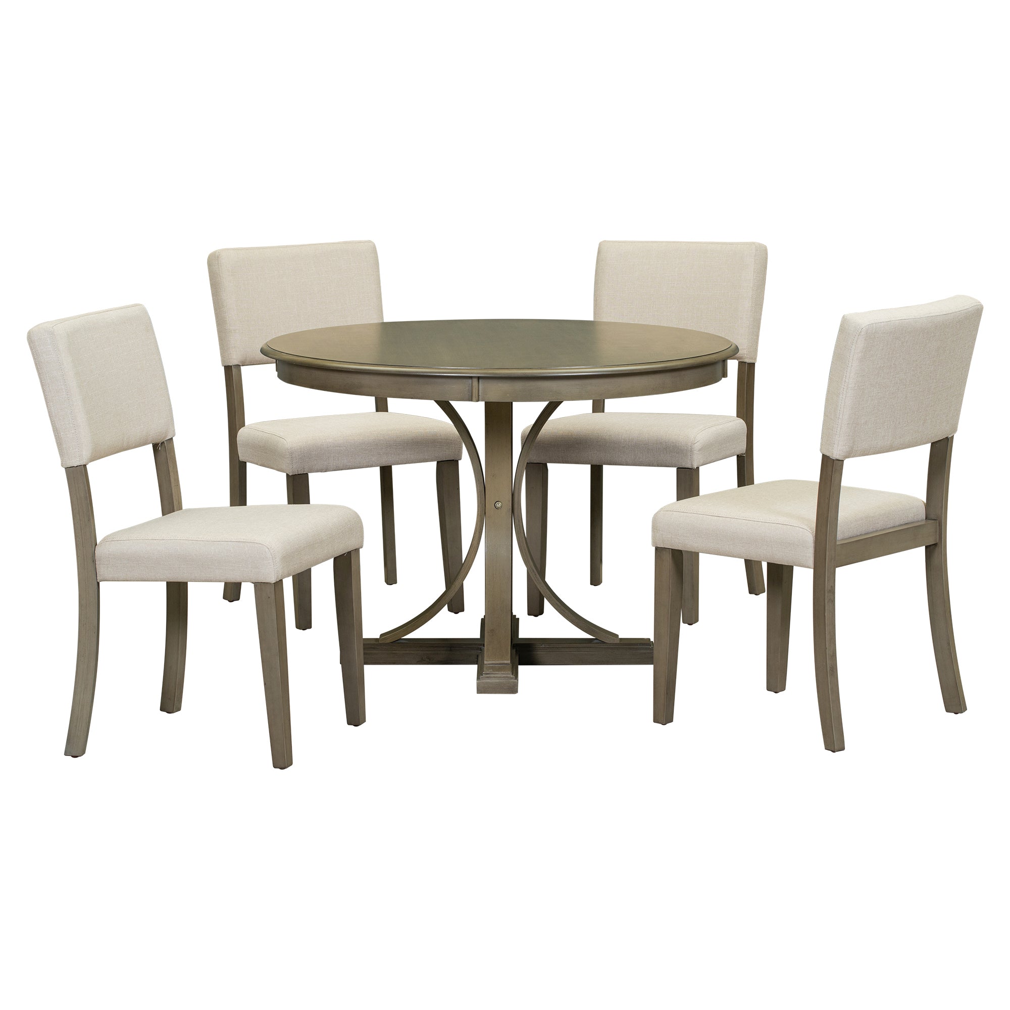 TREXM 5-Piece Retro Round Dining Table Set with Curved Trestle Style Table Legs and 4 Upholstered Chairs for Dining Room (Taupe)