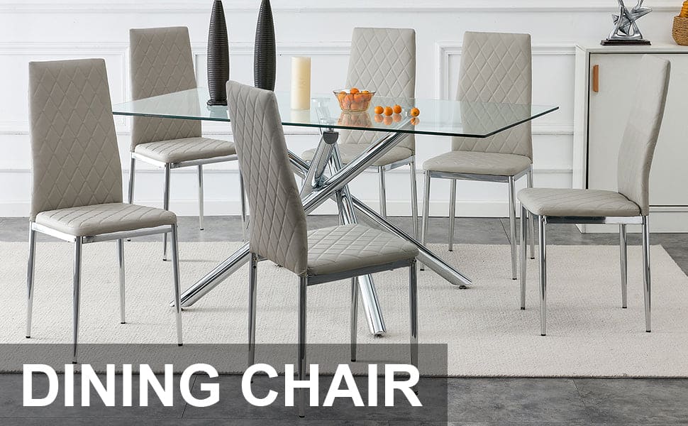 Grid armless high backrest dining chair, 6-piece set, office chair. Suitable for restaurants, living rooms, kitchens, and offices. Light gray chairs and electroplated metal legs  0924