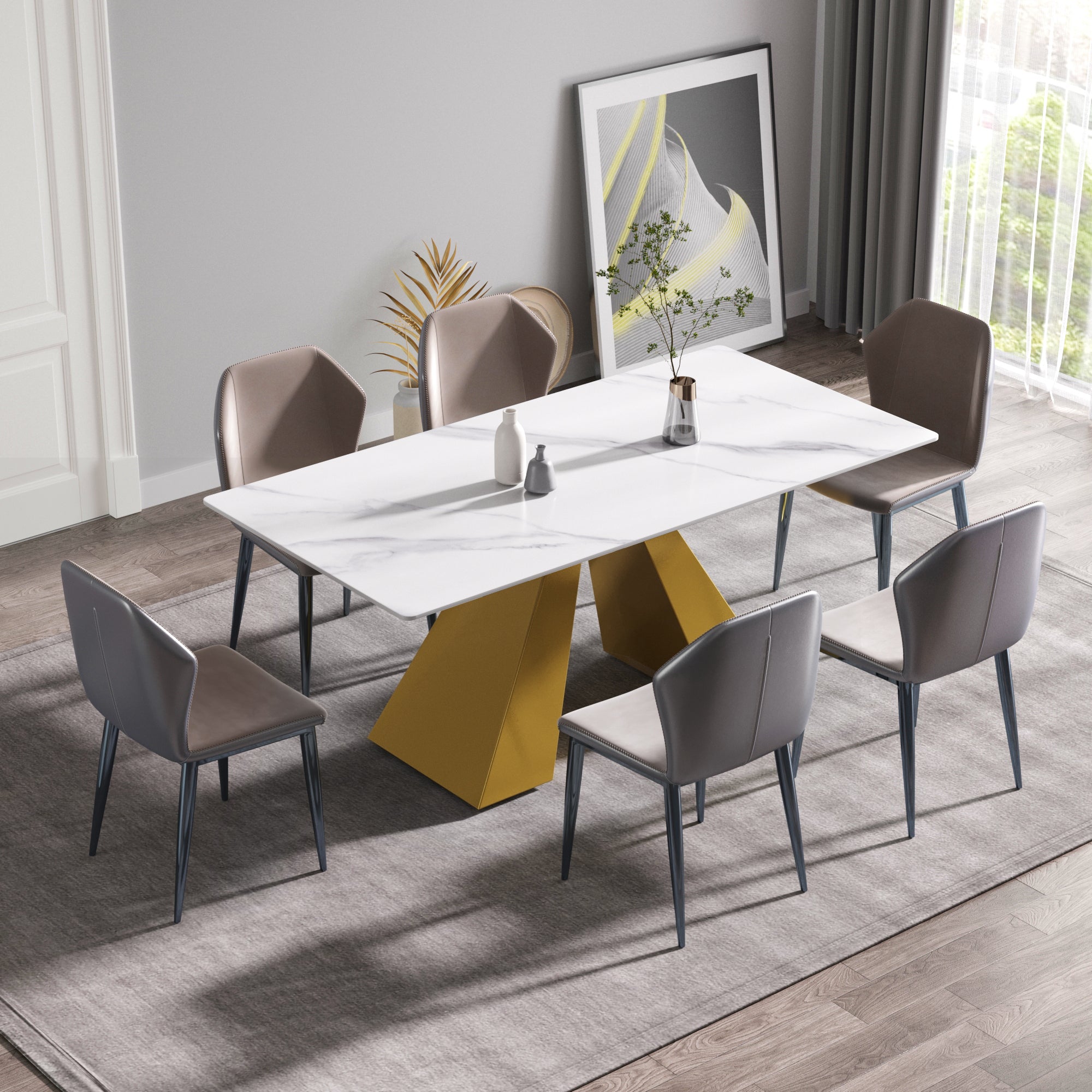 70.87" modern artificial stone white straight edge golden metal leg dining table-can accommodate 6-8 people