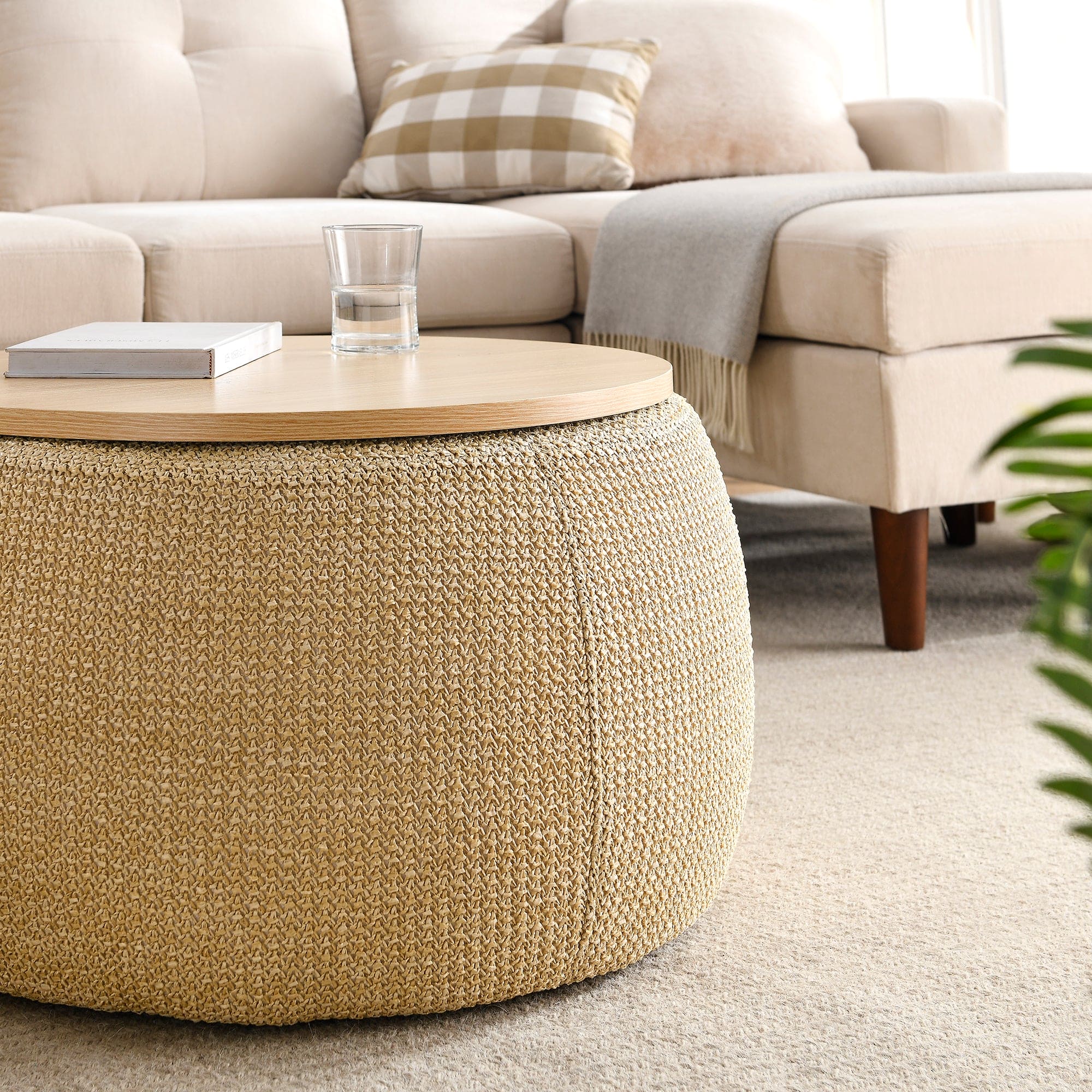 Round Storage Ottoman, 2 in 1 Function, Work as End table and Ottoman, Natural (25.5"x25.5"x14.5")