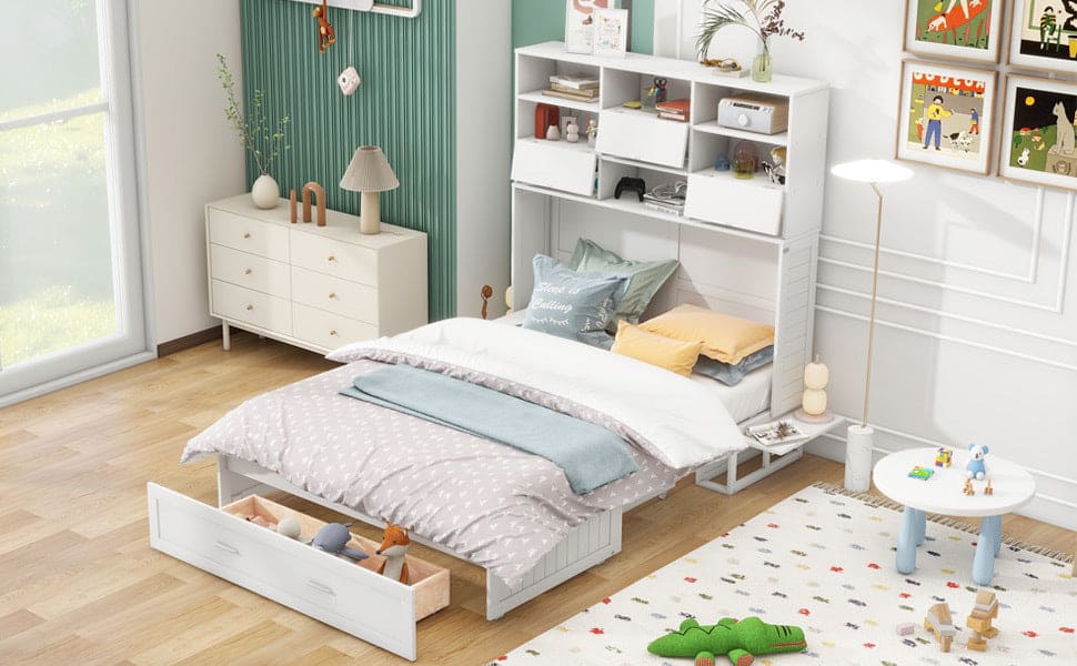 Queen Size Murphy Bed with Bookcase, Bedside Shelves and a Big Drawer, White