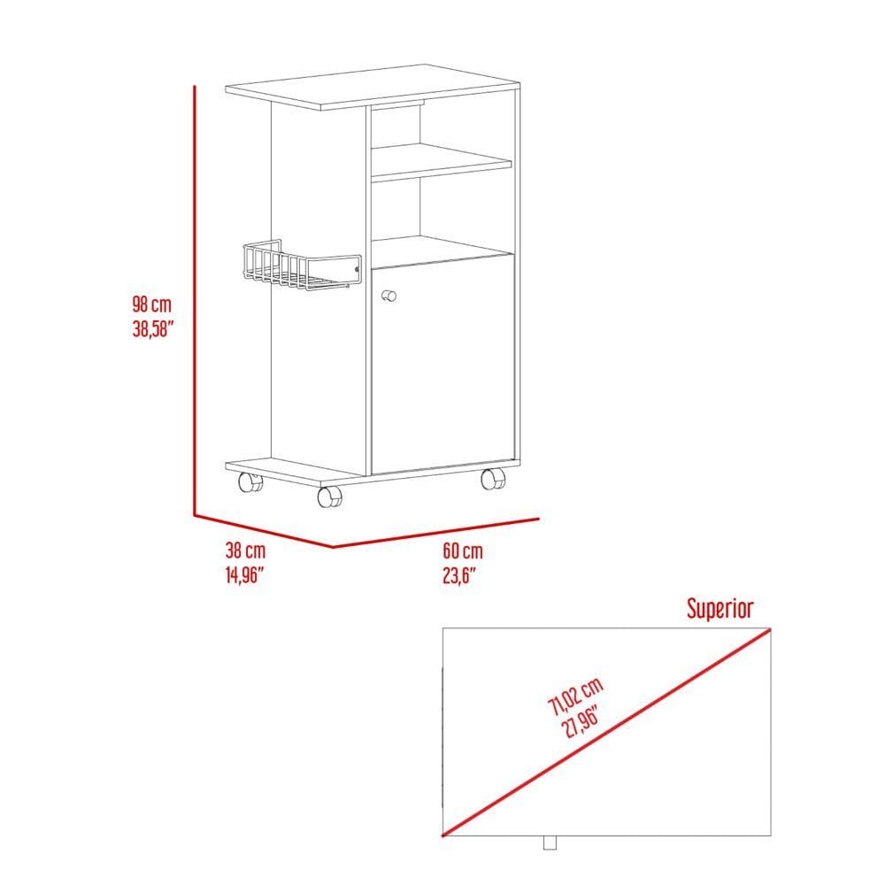 Kitchen Cart Kryot, Single Door Cabinet, Four Casters, White Finish