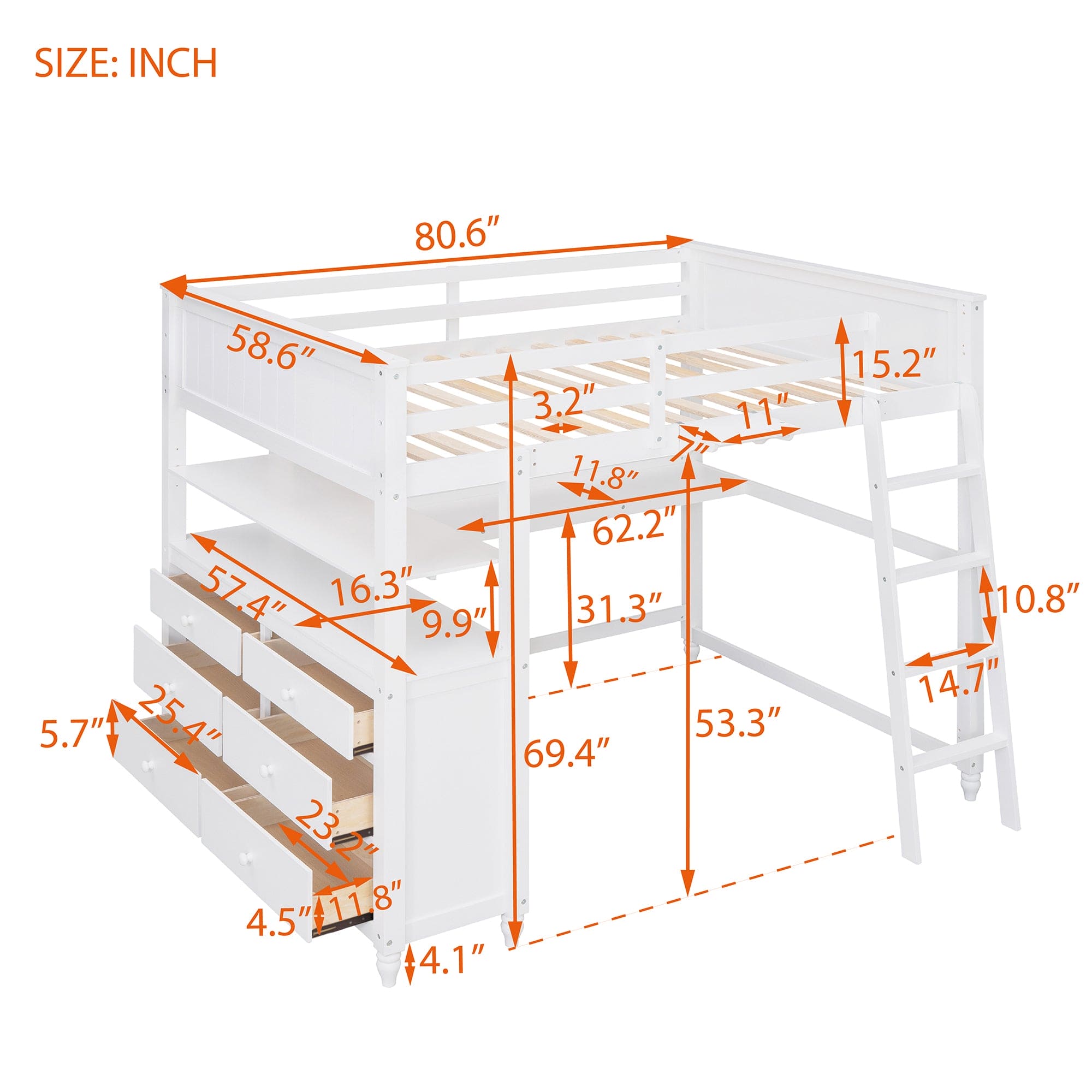 Full size Loft Bed with Drawers and Desk, Wooden Loft Bed with Shelves - White(OLD SKU:LT001529AAK)