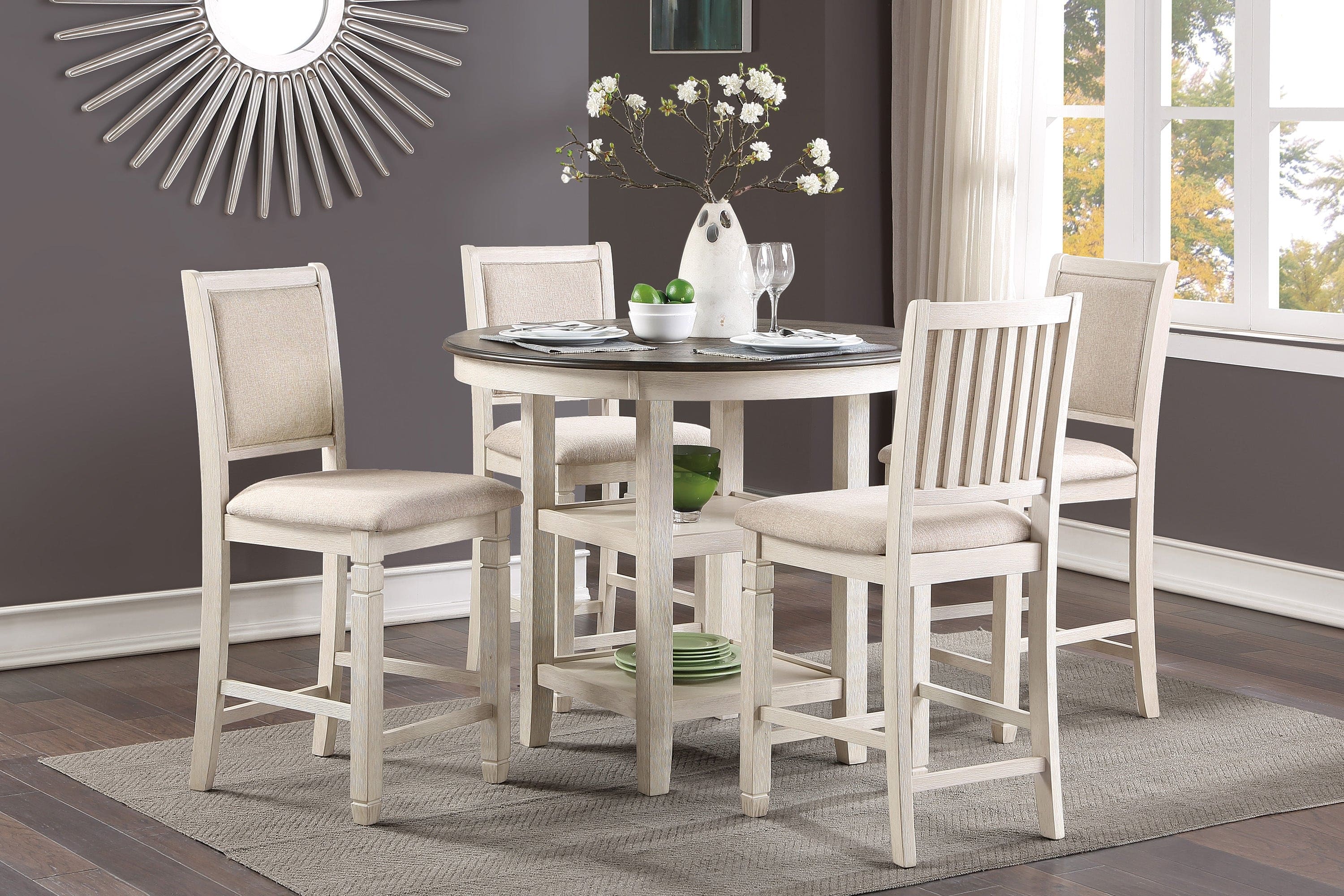 Antique White and Brown Finish 5pc Counter Height Dining Set Table w Built-in Shelves and 4x Counter Height Chairs Wooden Dining Room Furniture