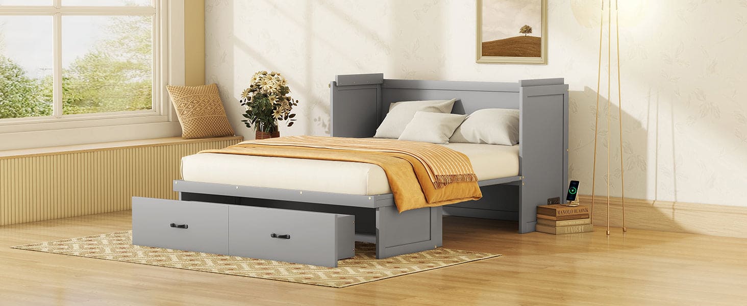 Queen Size Murphy Bed with USB Port and a Large Drawer, Gray