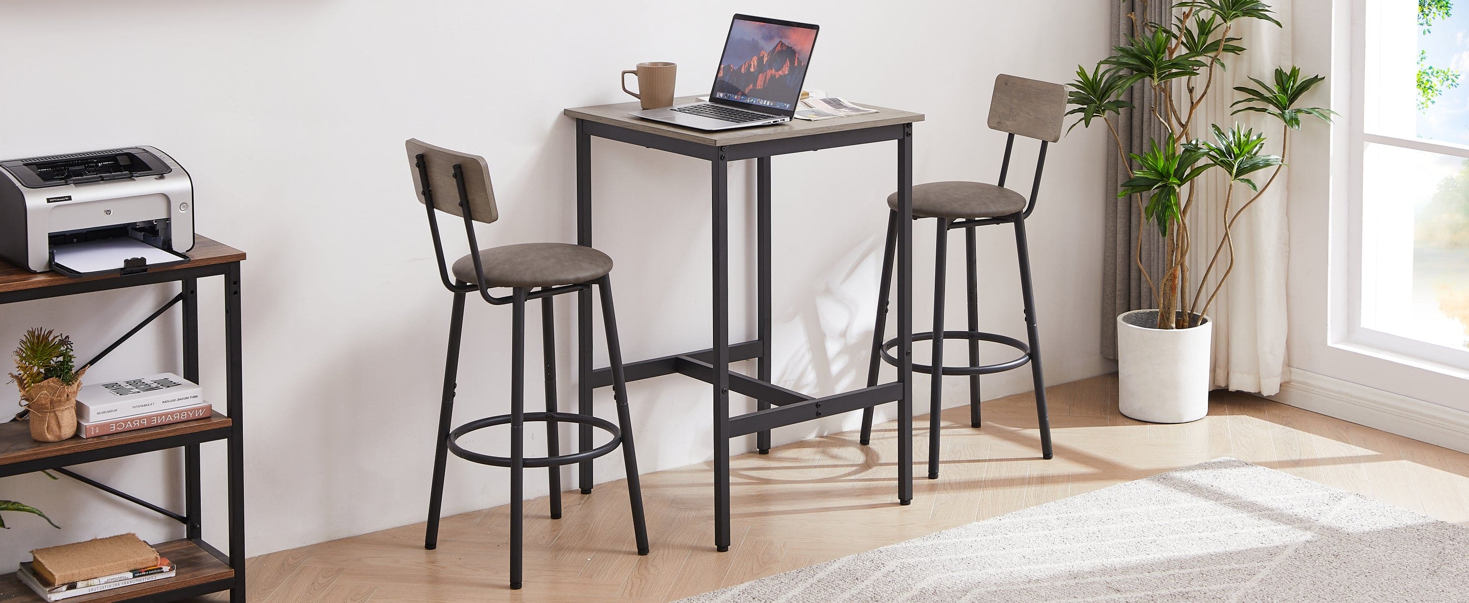 Bar Table Set with 2 Bar stools PU Soft seat with backrest, Grey, 23.62'' W x 23.62'' D x 35.43'' H