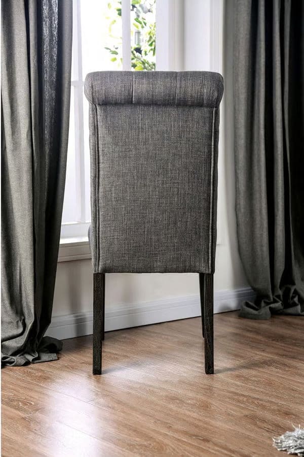 Classic Antique Black / Gray Set of 2 Side Chairs Button Tufted Linen Like Fabric Solid wood Chair Upholstered Scroll Back Kitchen Rustic Dining Room Furniture