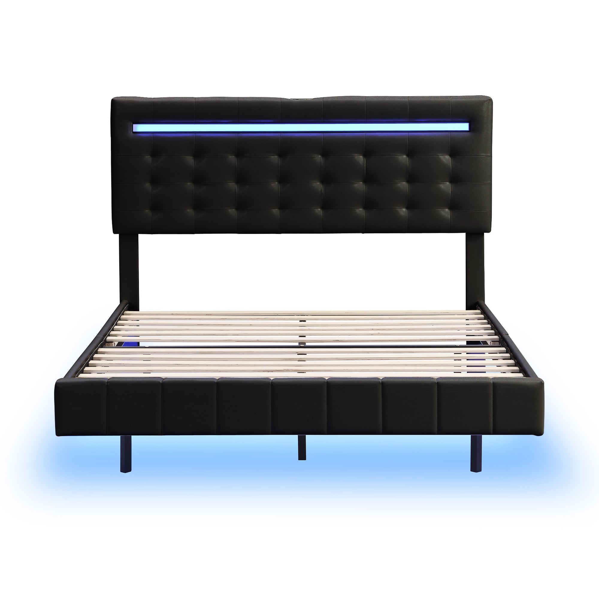 Full Size Floating Bed Frame with LED Lights and USB Charging,Modern Upholstered Platform LED Bed Frame,Black(Full)