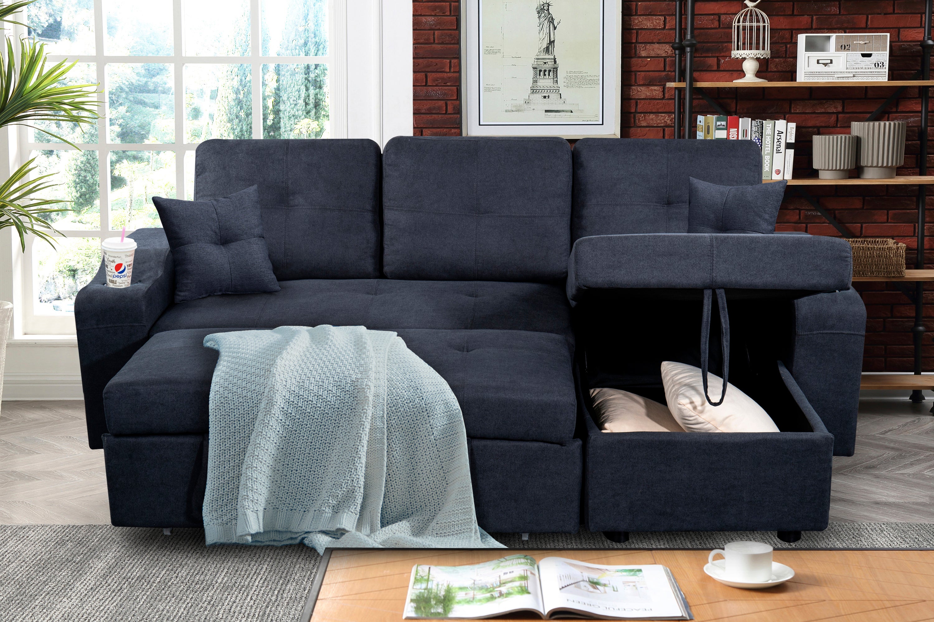 Right-facing sectional sofa with footrest, convertible corner sofa with armrest storage, living room and apartment sectional sofa, right chaise longue and  dark  grey