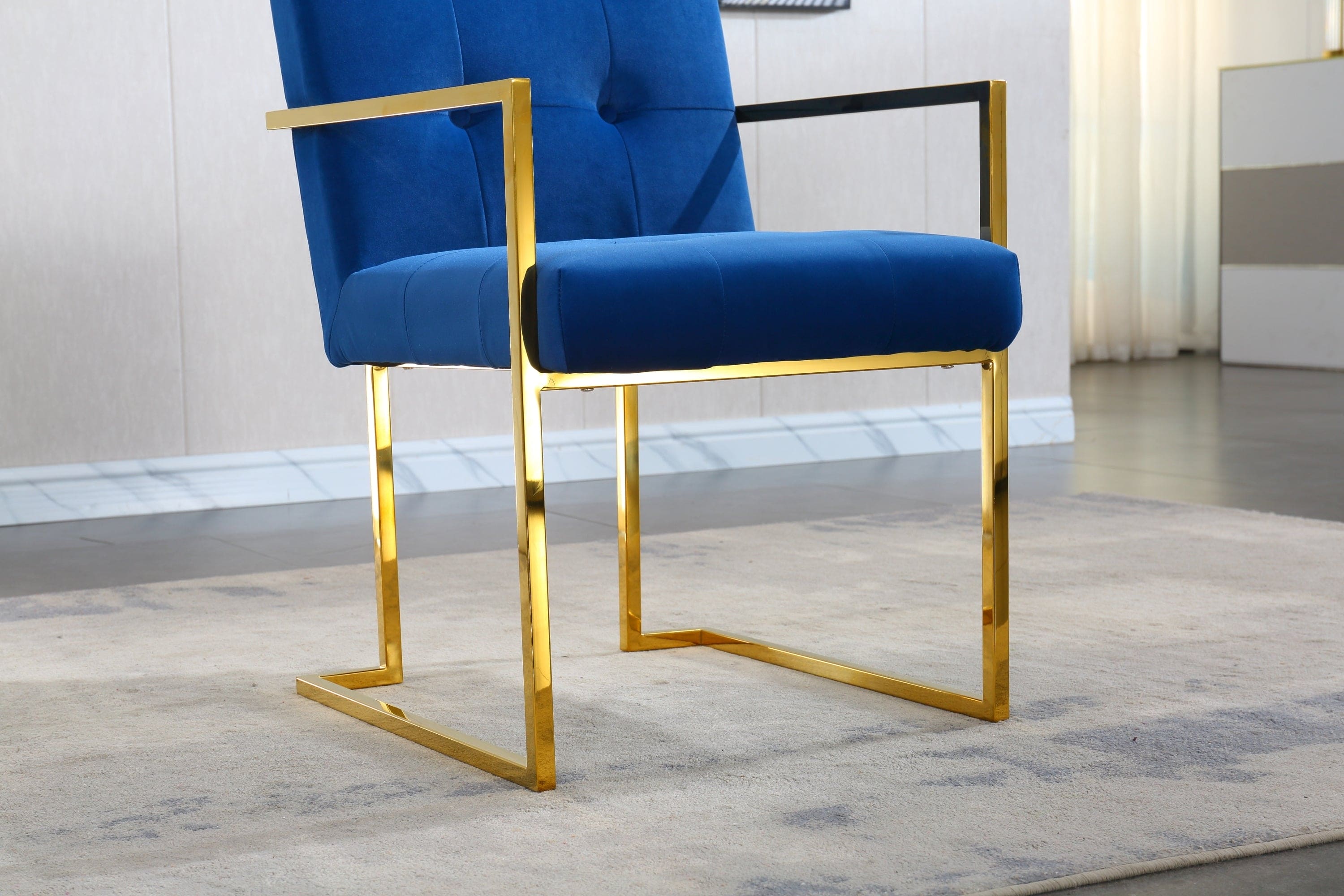 Modern Velvet Dining Arm Chair Set of 1, Tufted Design and Gold Finish Stainless Base