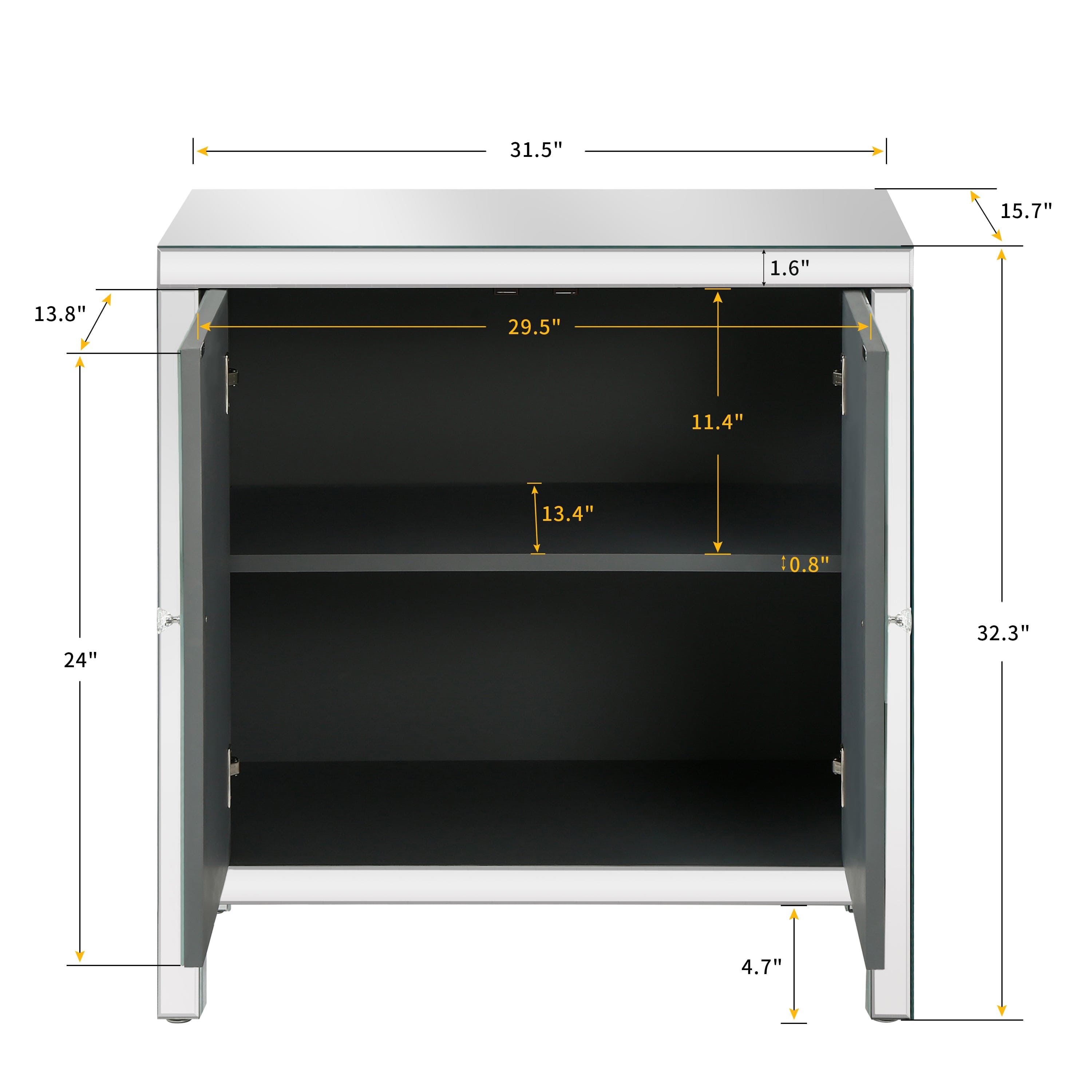 Storage Cabinet with Mirror Trim and M Shape Design, Silver,for Living Room, Dining Room, Entryway, Kitchen