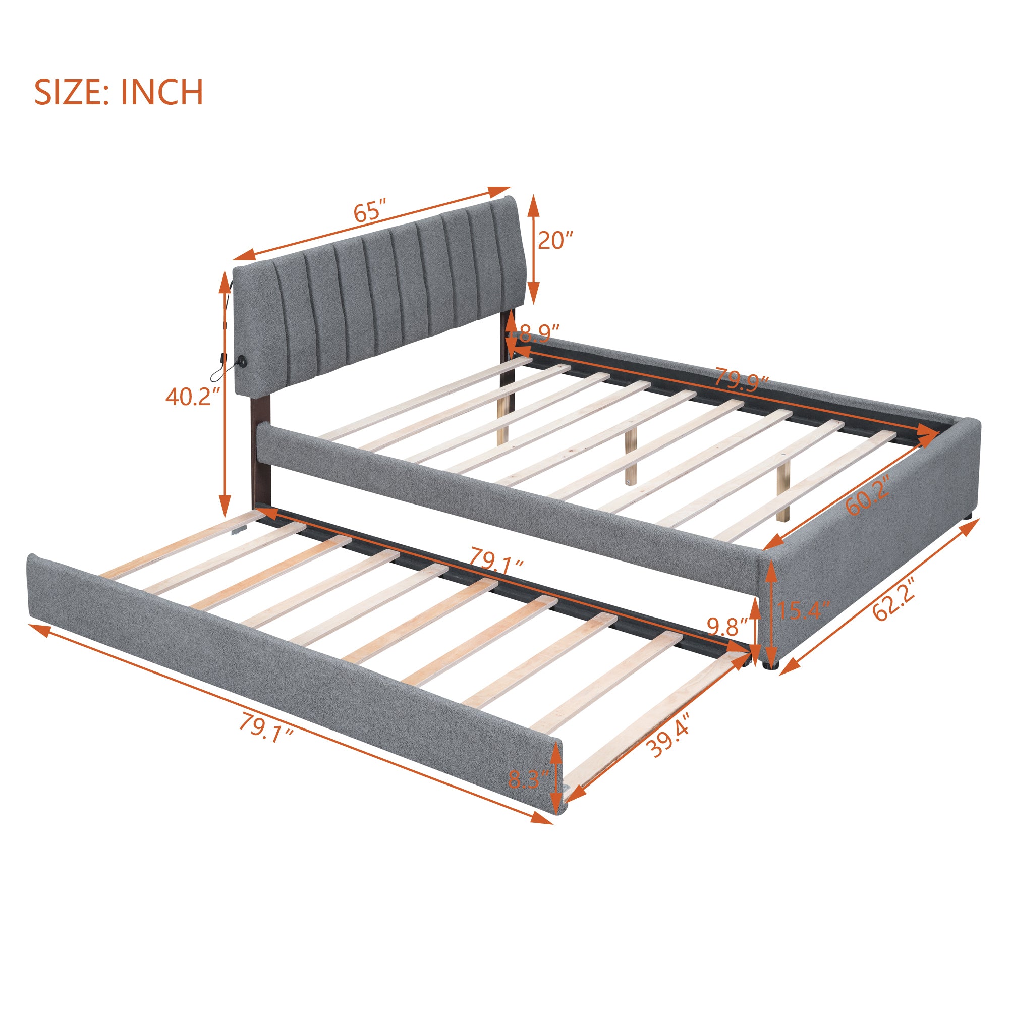 Teddy Fleece Queen Size Upholstered Platform Bed with Trundle, Gray