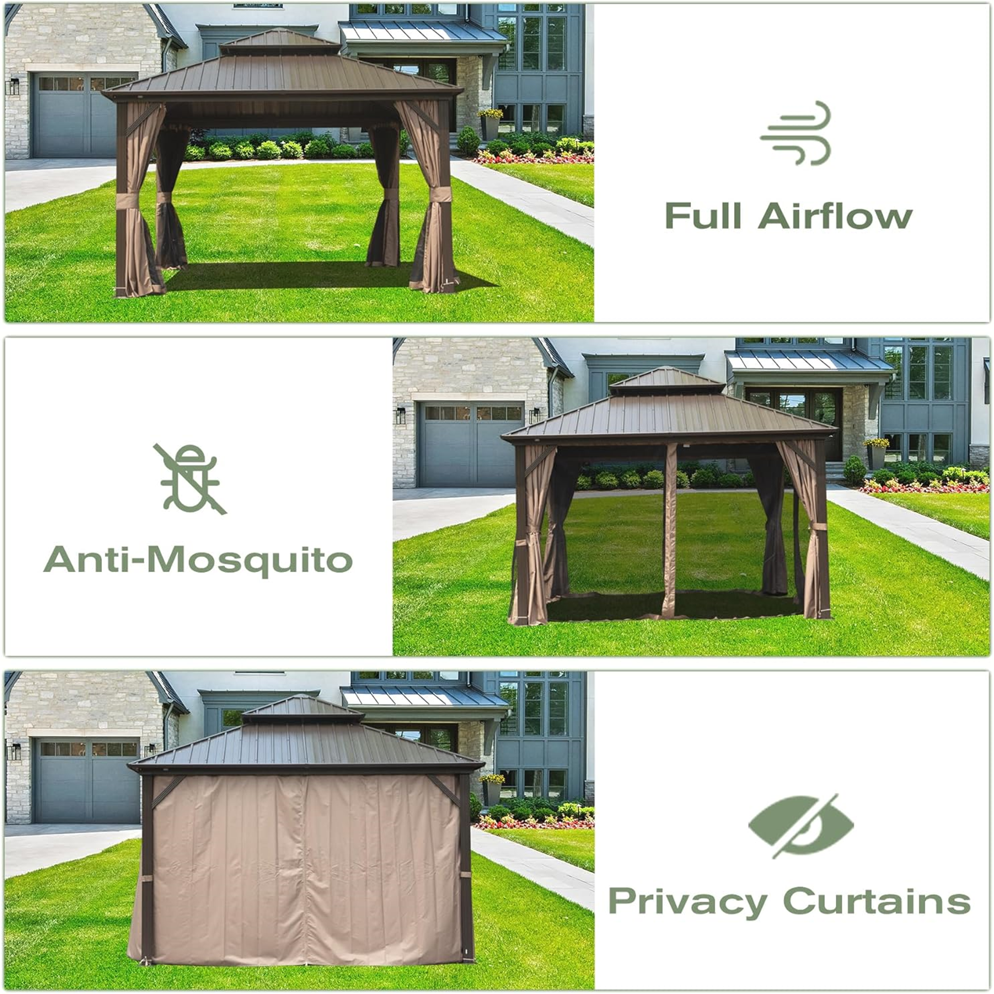 10' X 12' Hardtop Gazebo, Aluminum Metal Gazebo with Galvanized Steel Double Roof Canopy, Curtain and Netting, Permanent Gazebo Pavilion for Party, Wedding, Outdoor Dining, Brown