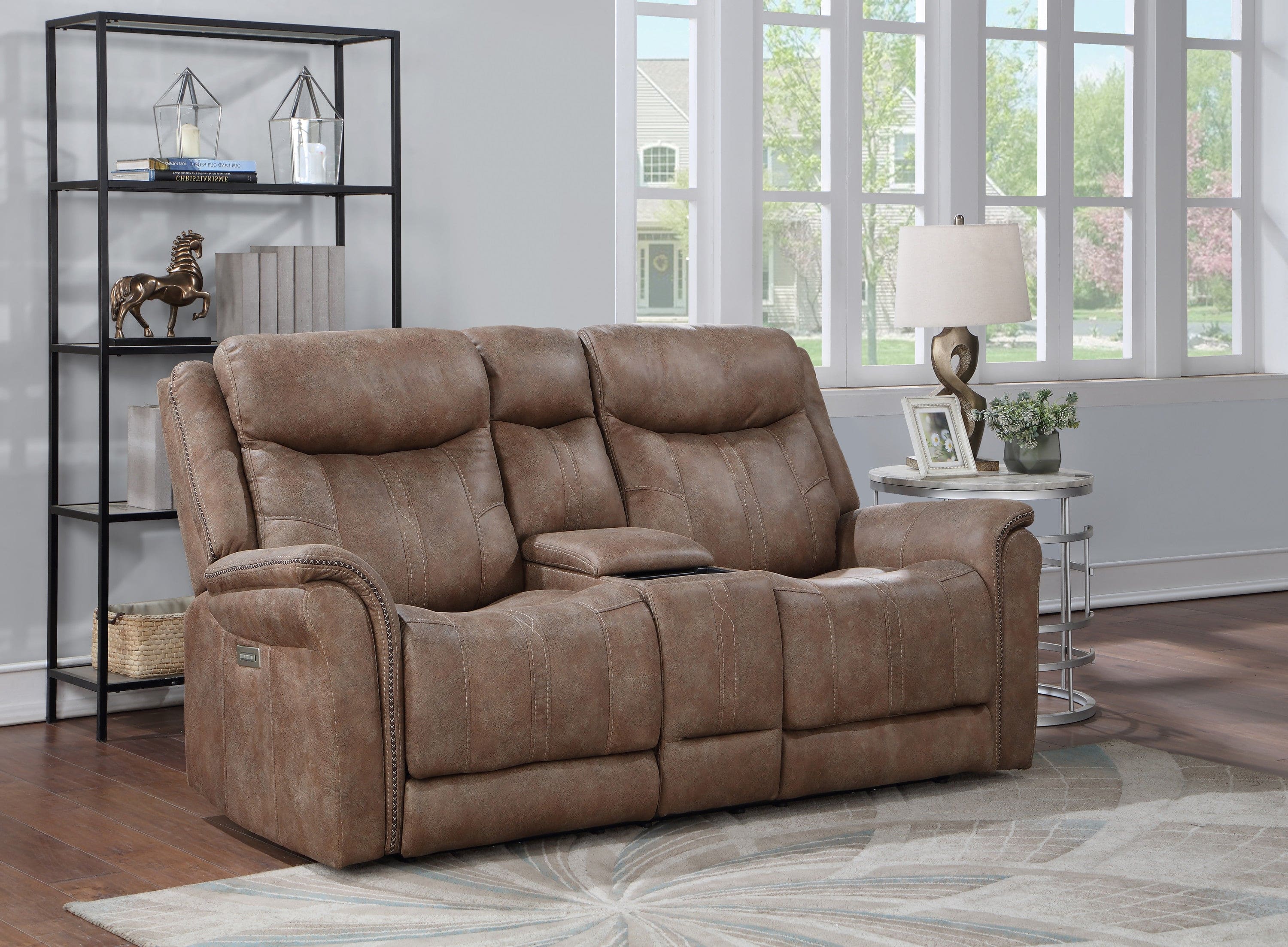 Transitional Console Loveseat - Warm Camel Faux-Suede, Power Footrest, Power Headrest - Concealed Cupholders, Built-In Console