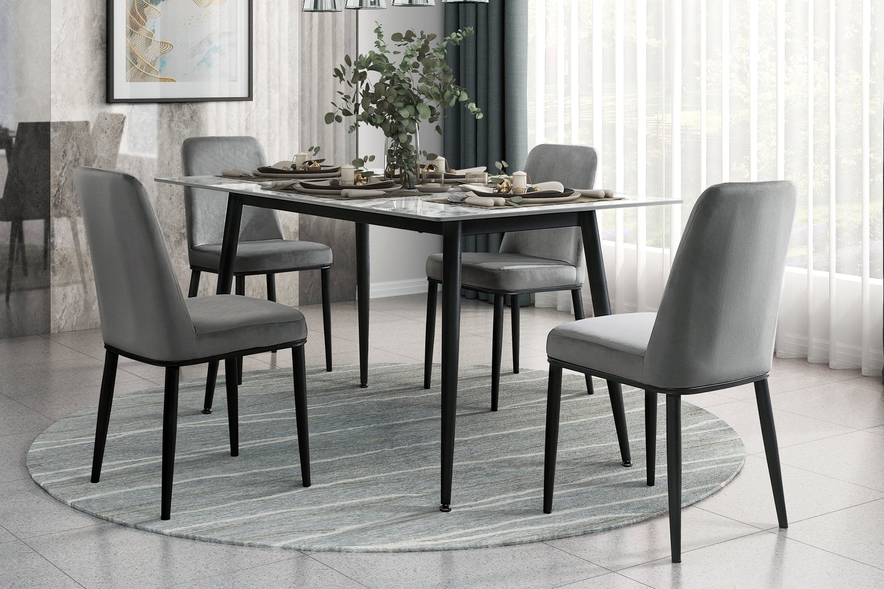 Sleek Design Gray Velvet Side Chairs Set of 2 Modern Dining Furniture Black Metal Legs