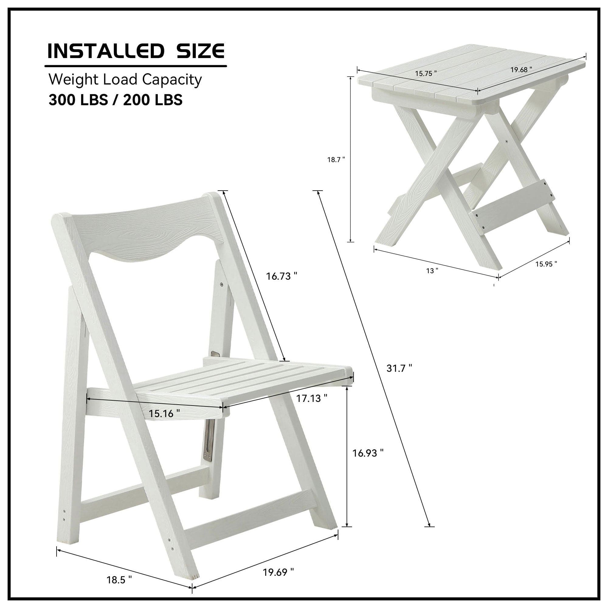 HIPS Foldable Small Table and Chair Set with 2 Chairs and Rectangular Table  White