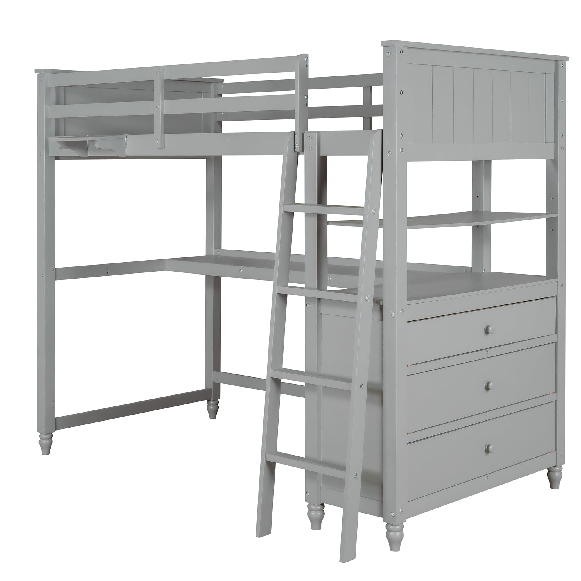 Twin size Loft Bed with Drawers and Desk, Wooden Loft Bed with Shelves - Gray(OLD SKU: LT001530AAE)