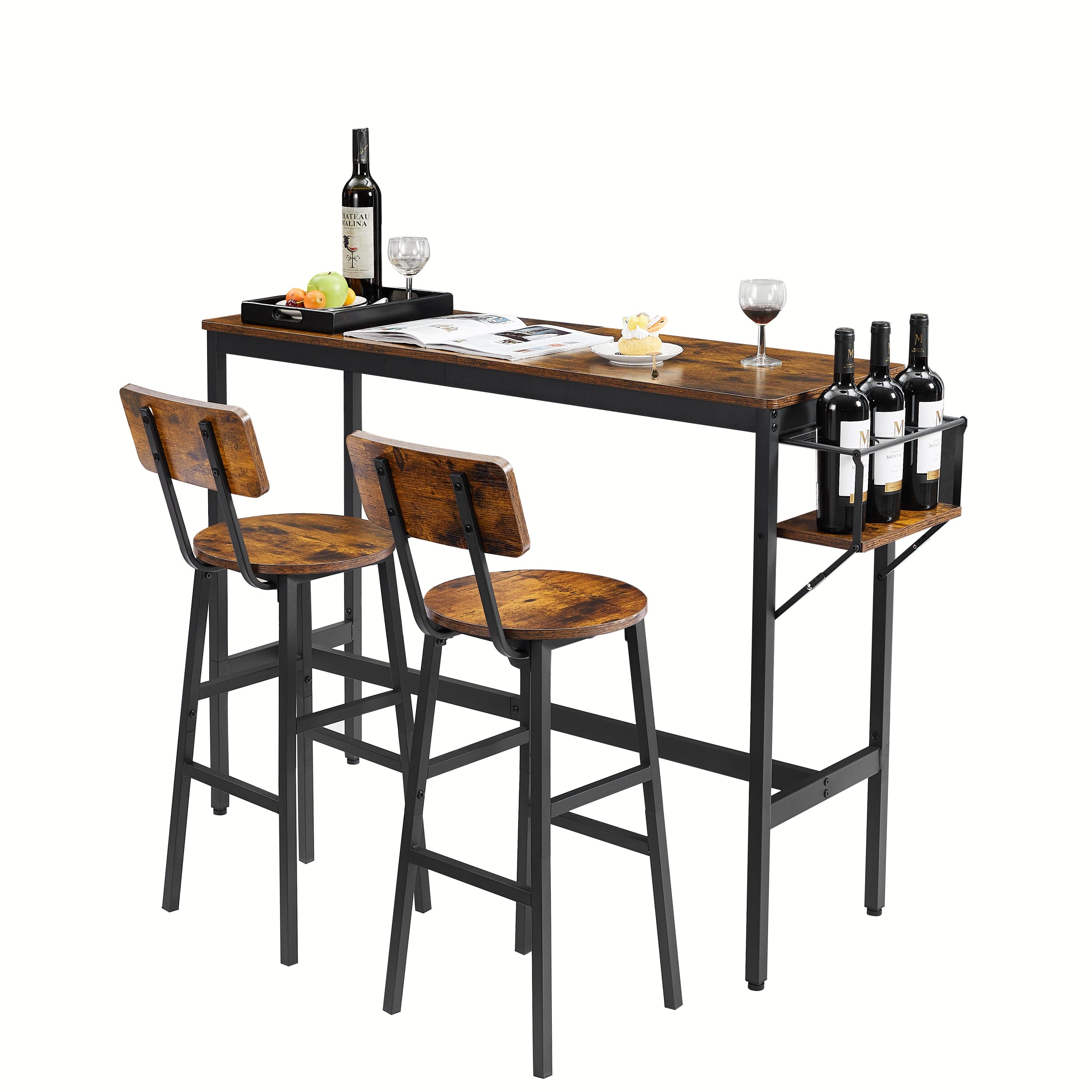 Bar Table Set with wine bottle storage rack. Rustic Brown, 47.24'' L x 15.75'' W x 35.43'' H.