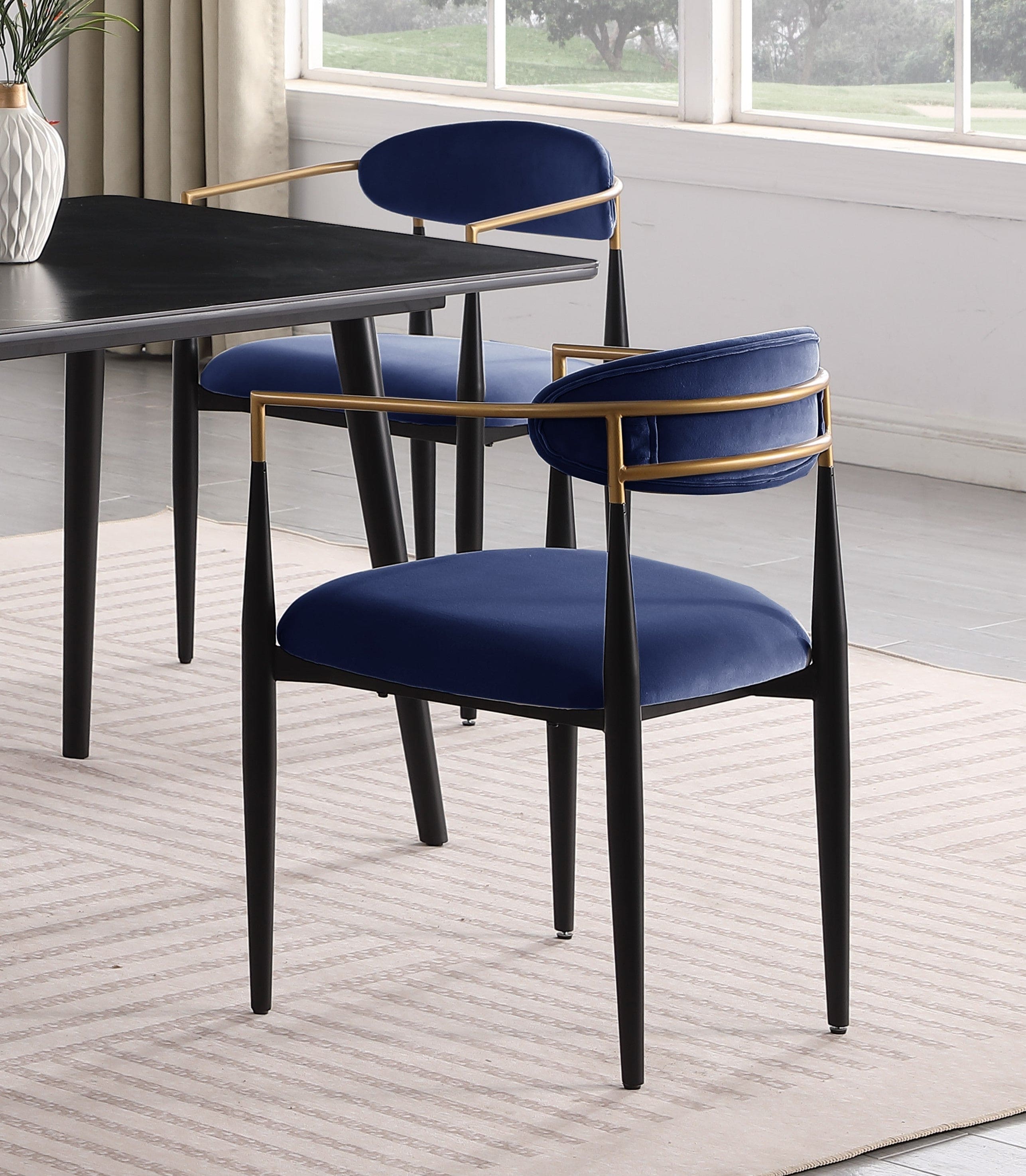 Modern Contemporary 5pc Dining Set Black Sintered Stone Table and Blue Chairs Fabric Upholstered Stylish Furniture