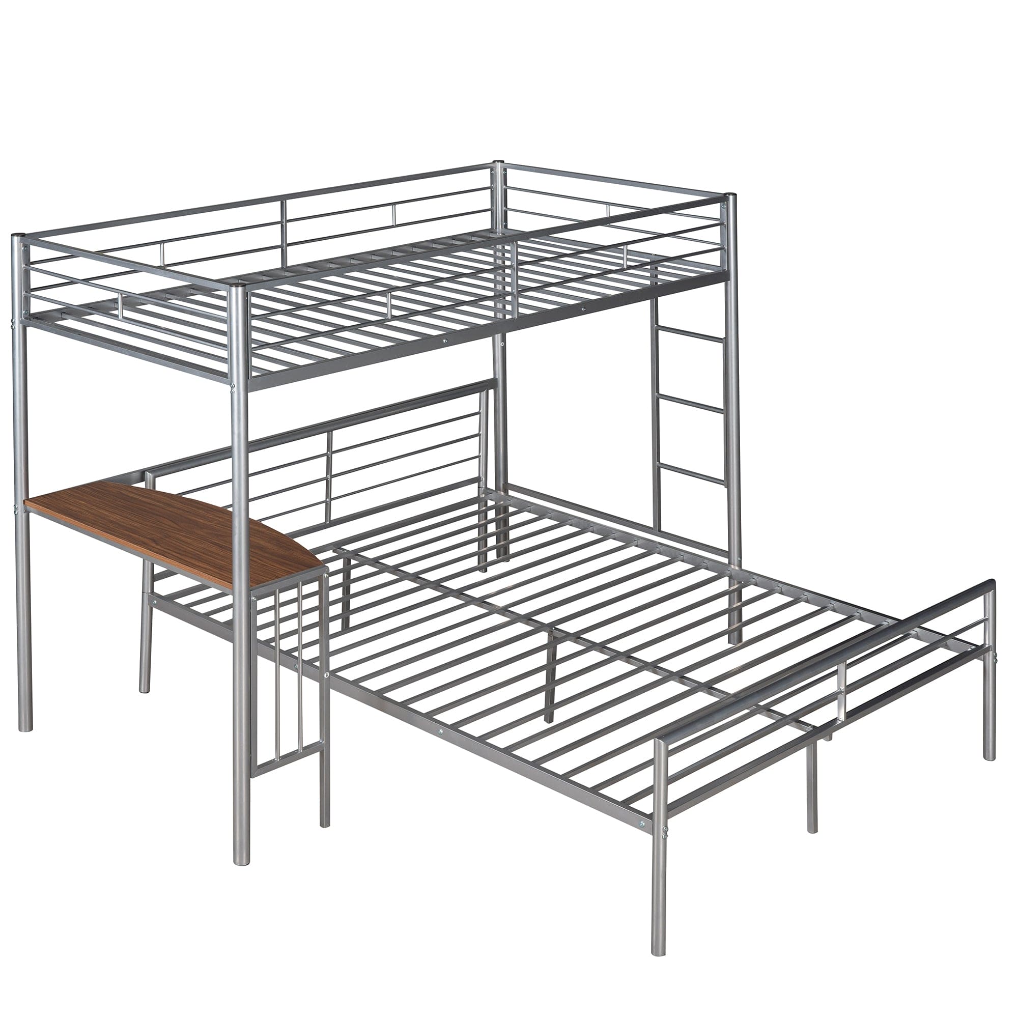 Twin Over Full Metal Bunk Bed with Desk, Ladder and Quality Slats for Bedroom, Metallic Silver（OLD SKU :LP000092AAN）