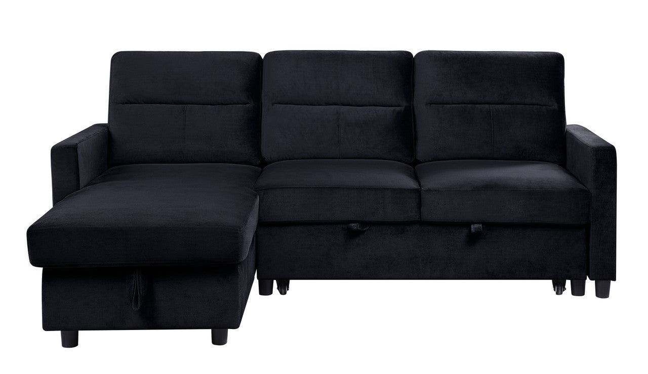 Ivy Black Velvet Reversible Sleeper Sectional Sofa with Storage Chaise and Side Pocket