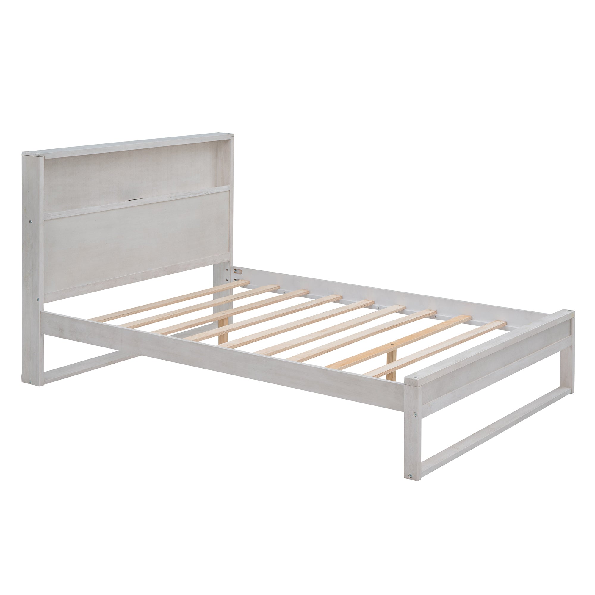 Platform Bed with Storage Headboard,Sockets and USB Ports,Full Size Platform Bed,Antique White