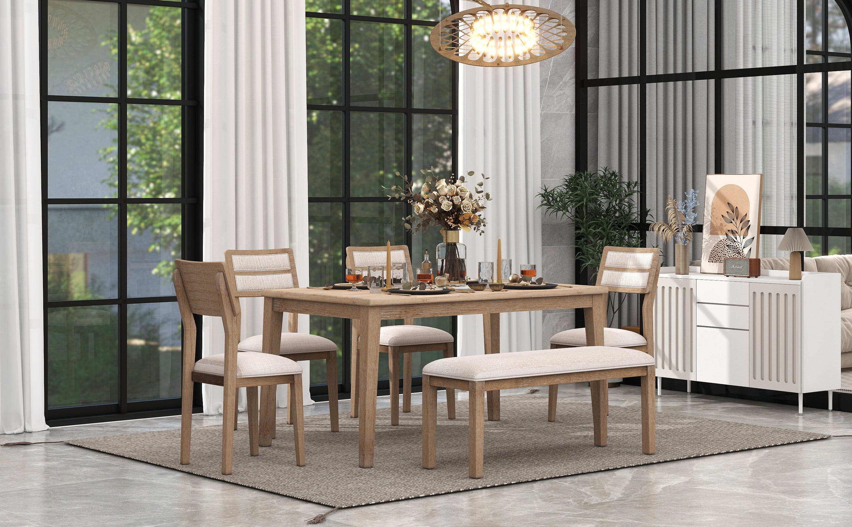 TREXM Classic and Traditional Style 6 - Piece Dining Set, Includes Dining Table, 4 Upholstered Chairs & Bench (Natural Wood Wash)