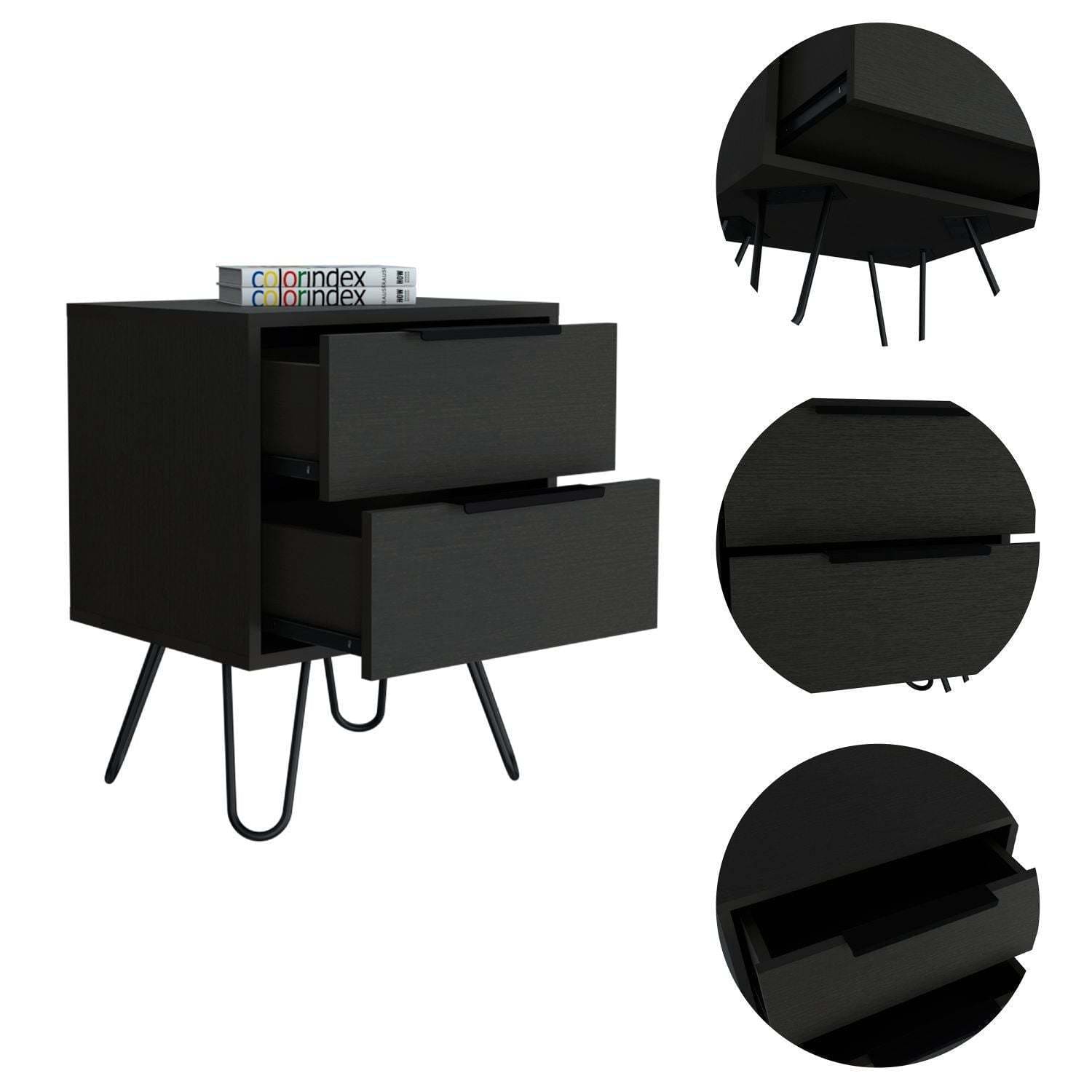 Augusta 2 Nightstand, Four Legs, Two Drawers -Black