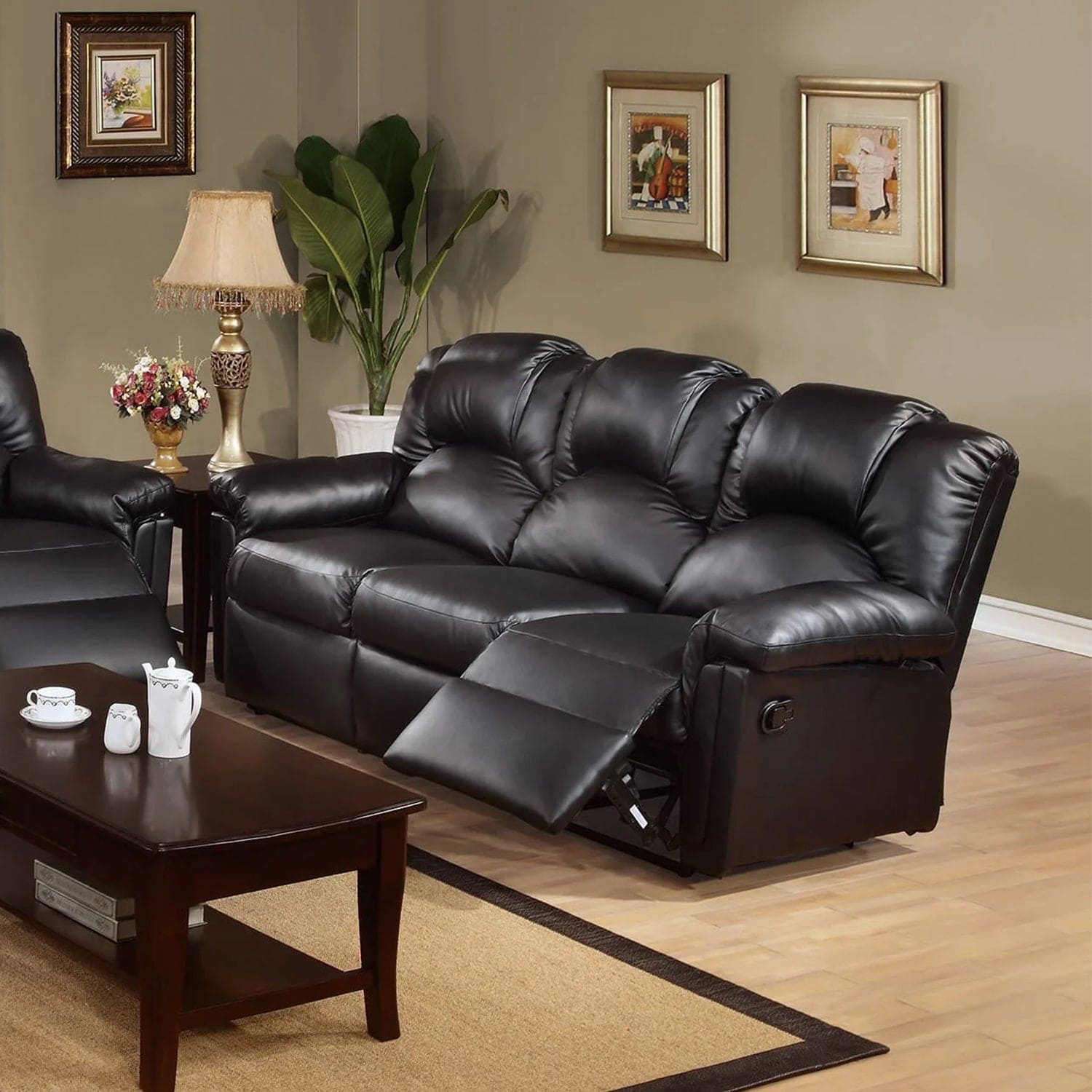 3 Seats Bonded Leather Manual Motion Reclining Sofa in Black