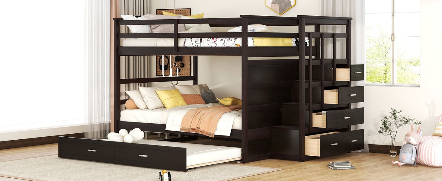 Full Over Full Bunk Bed with Twin Size Trundle and Staircase, Espresso