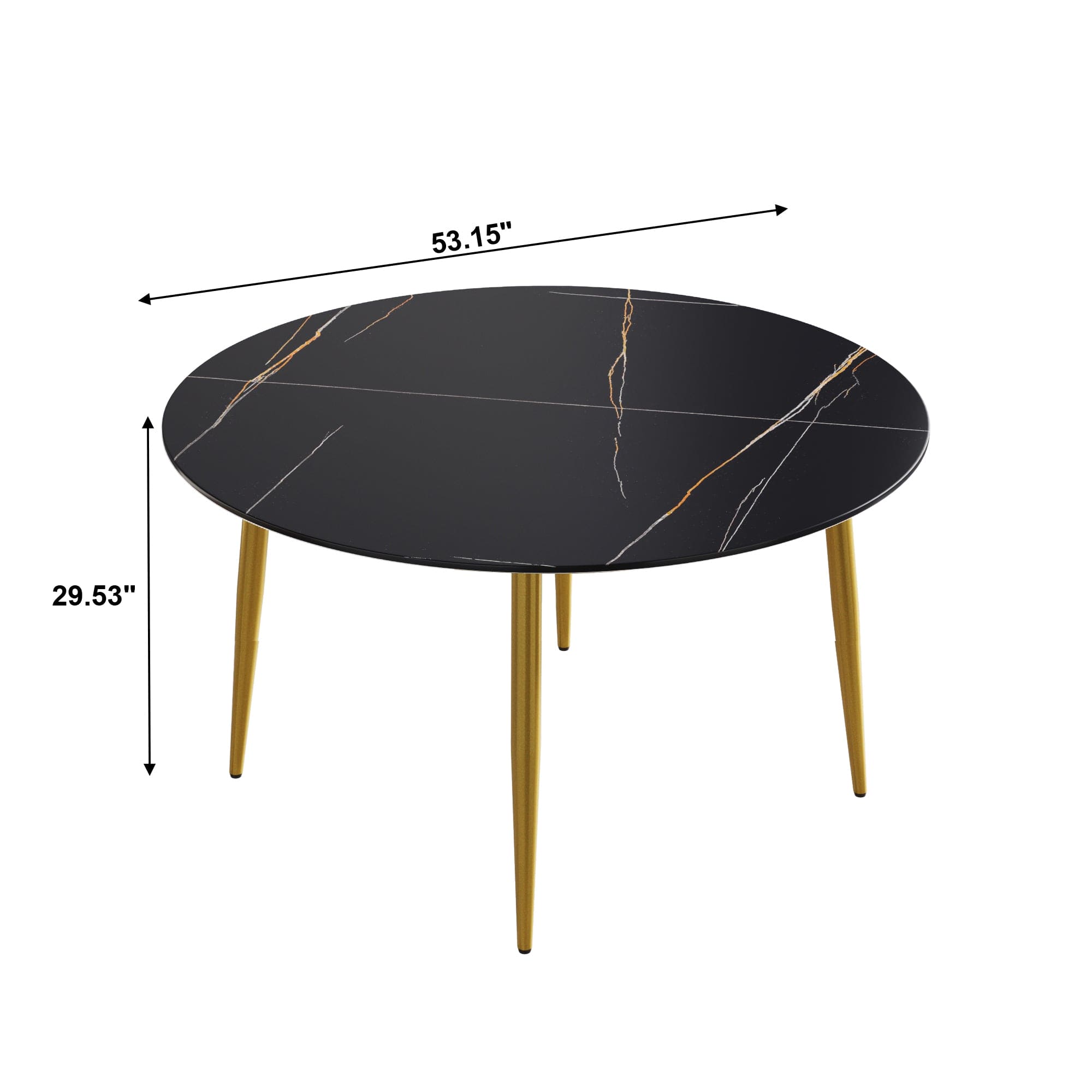 53.15 " modern artificial stone black round dining table with golden metal legs-can accommodate 6 people.