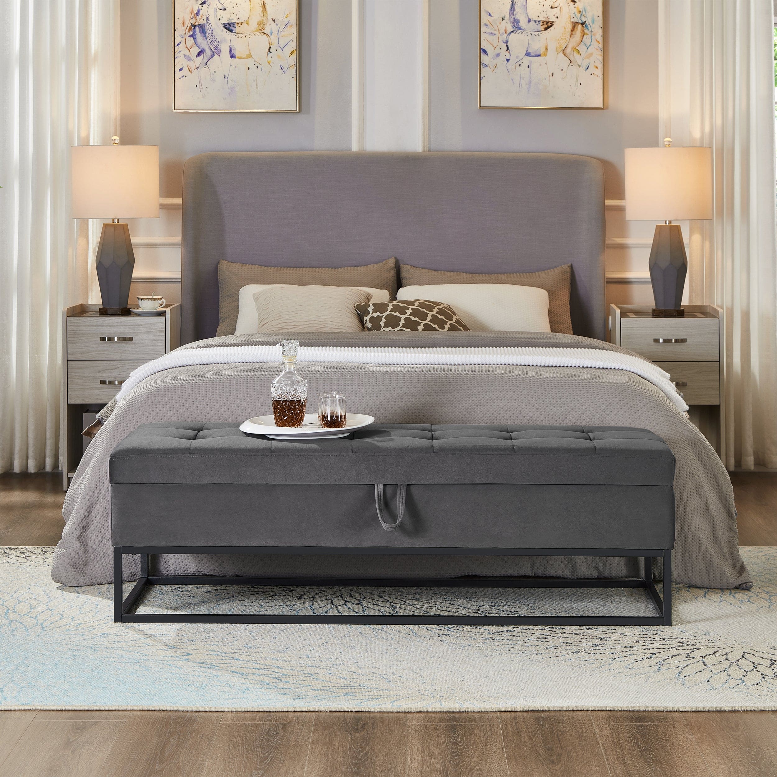 58.6" Bed Bench Metal Base with Storage Grey Velvet